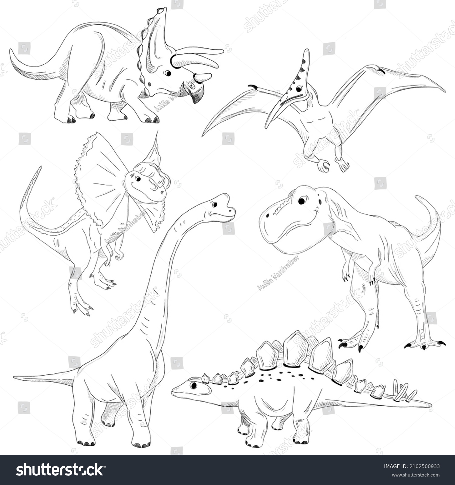 Graphic Black White Dinosaurs Sketch Outline Stock Illustration 2102500933