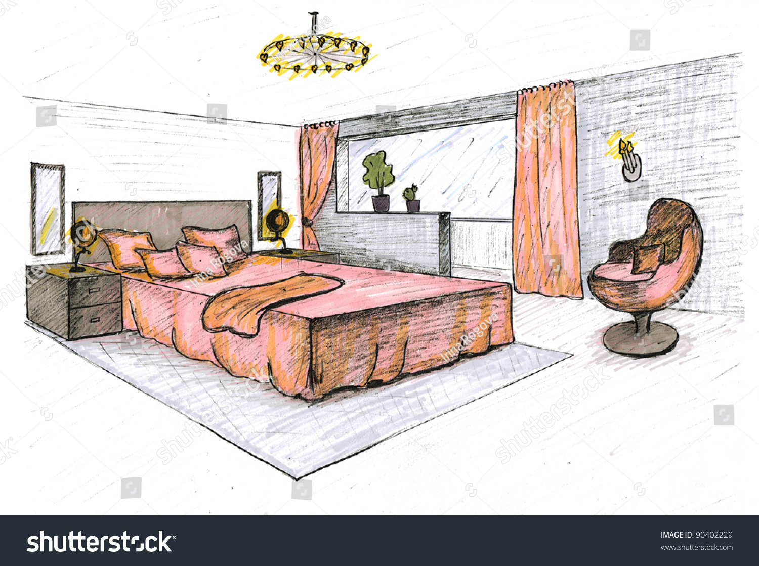 Graphical Sketch Interior Bedroom Stock Illustration 90402229