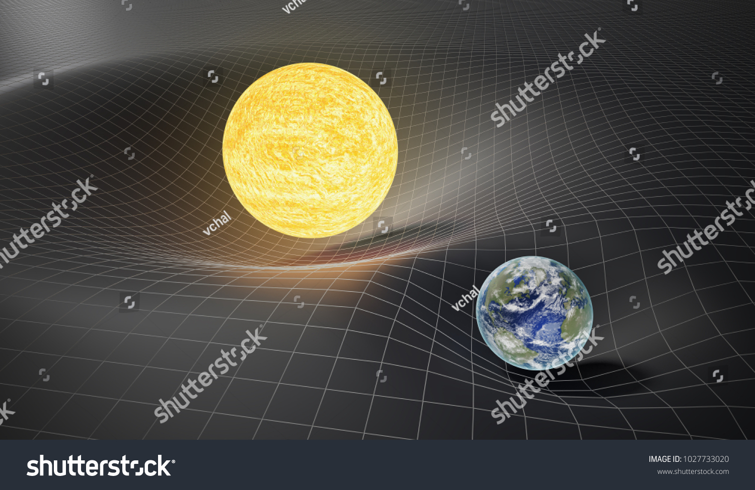 重力と一般相対性理論のコンセプト ゆがんだ宇宙時の地球と太陽 3dレンダリングイラスト のイラスト素材