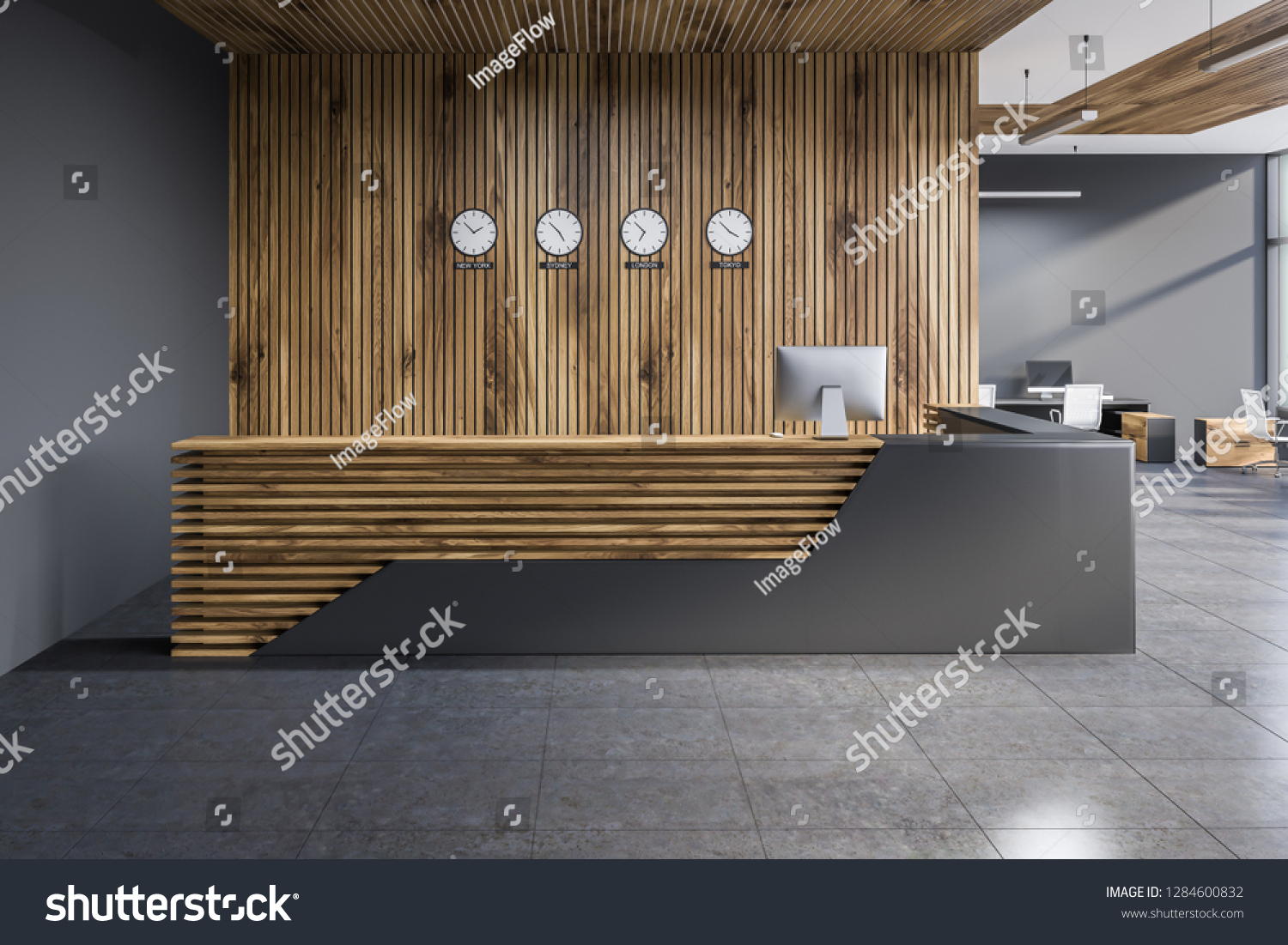 Gray Wooden Reception Desk Standing Modern Stock Illustration