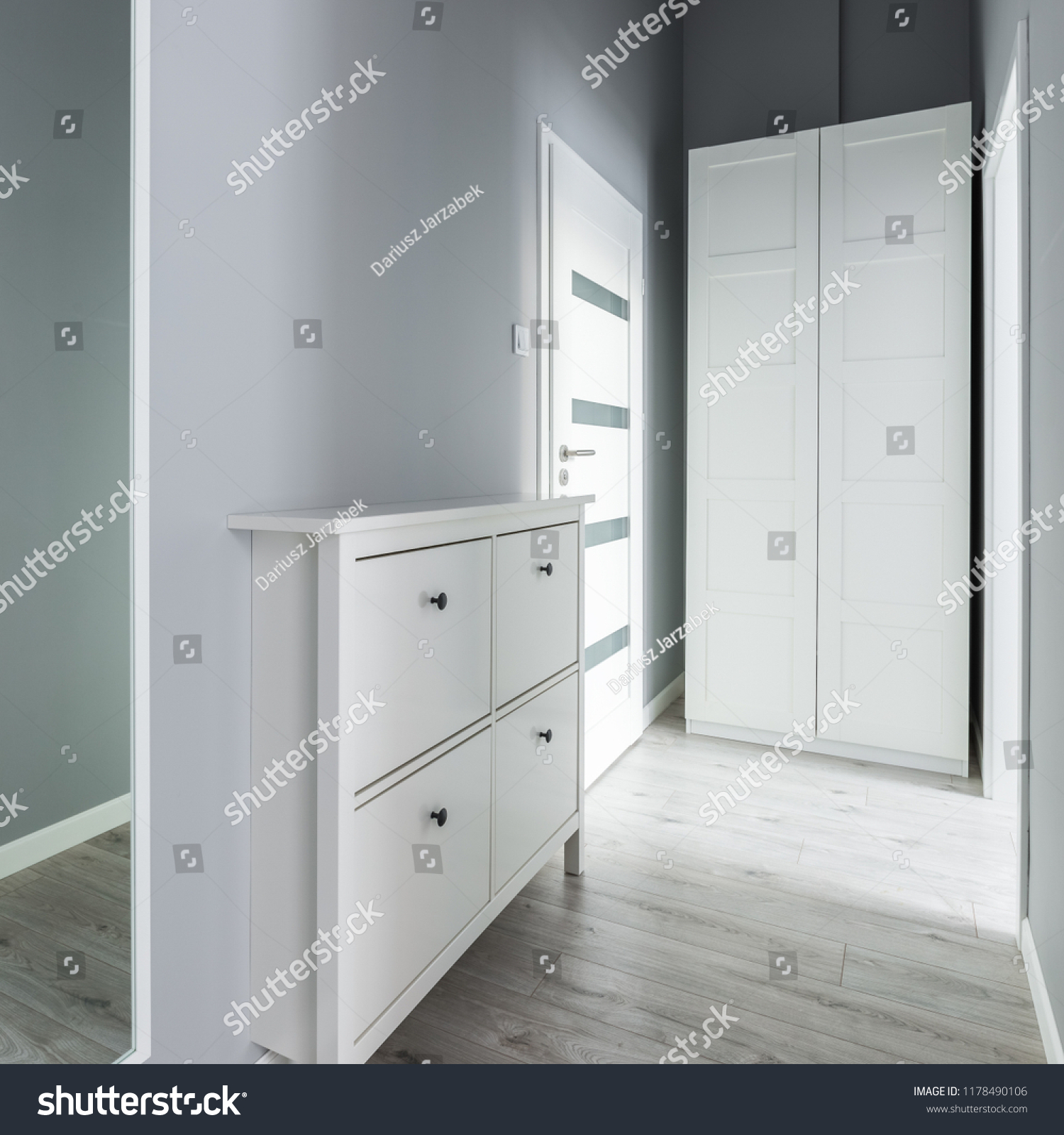 Gray Mudroom White Wardrobe Doors Dresser Stock Photo Edit Now