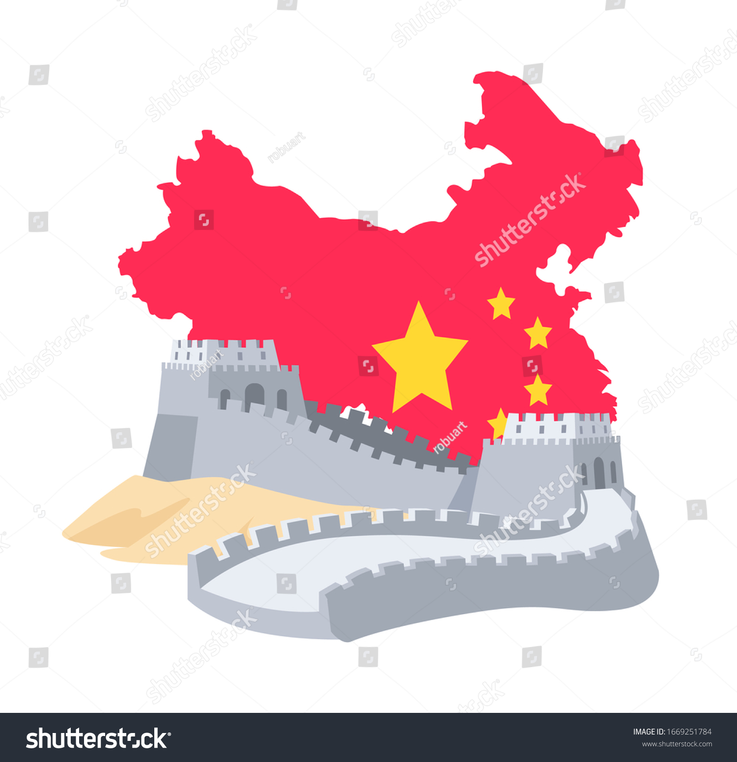 Great Wall China Chinese Map Decorated Stock Illustration