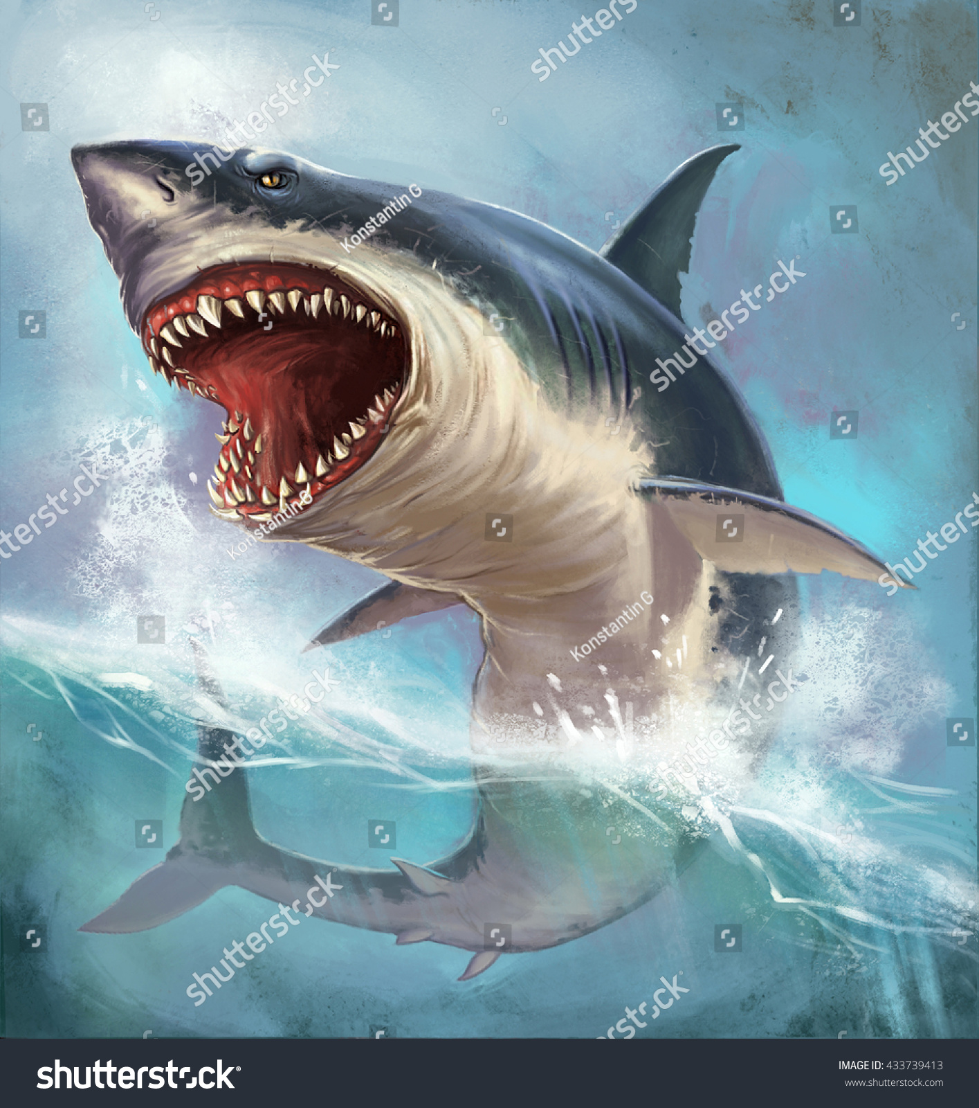 波の背景に大きな白いサメ リアルなイラスト のイラスト素材 Shutterstock