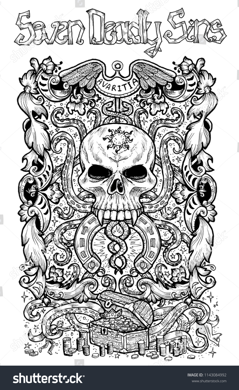 強欲 ラテン語のavaritiaは強欲を意味する 七つの大罪のコンセプト 白黒の線画 手描きの彫刻イラスト タトゥー Tシャツデザイン 宗教シンボル のイラスト素材