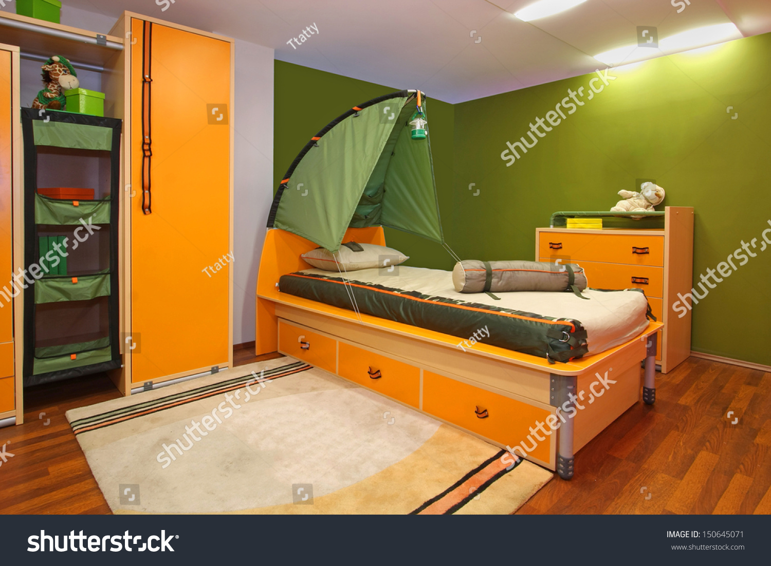 Green Child Bedroom Interior Camping Theme Stock Photo 150645071