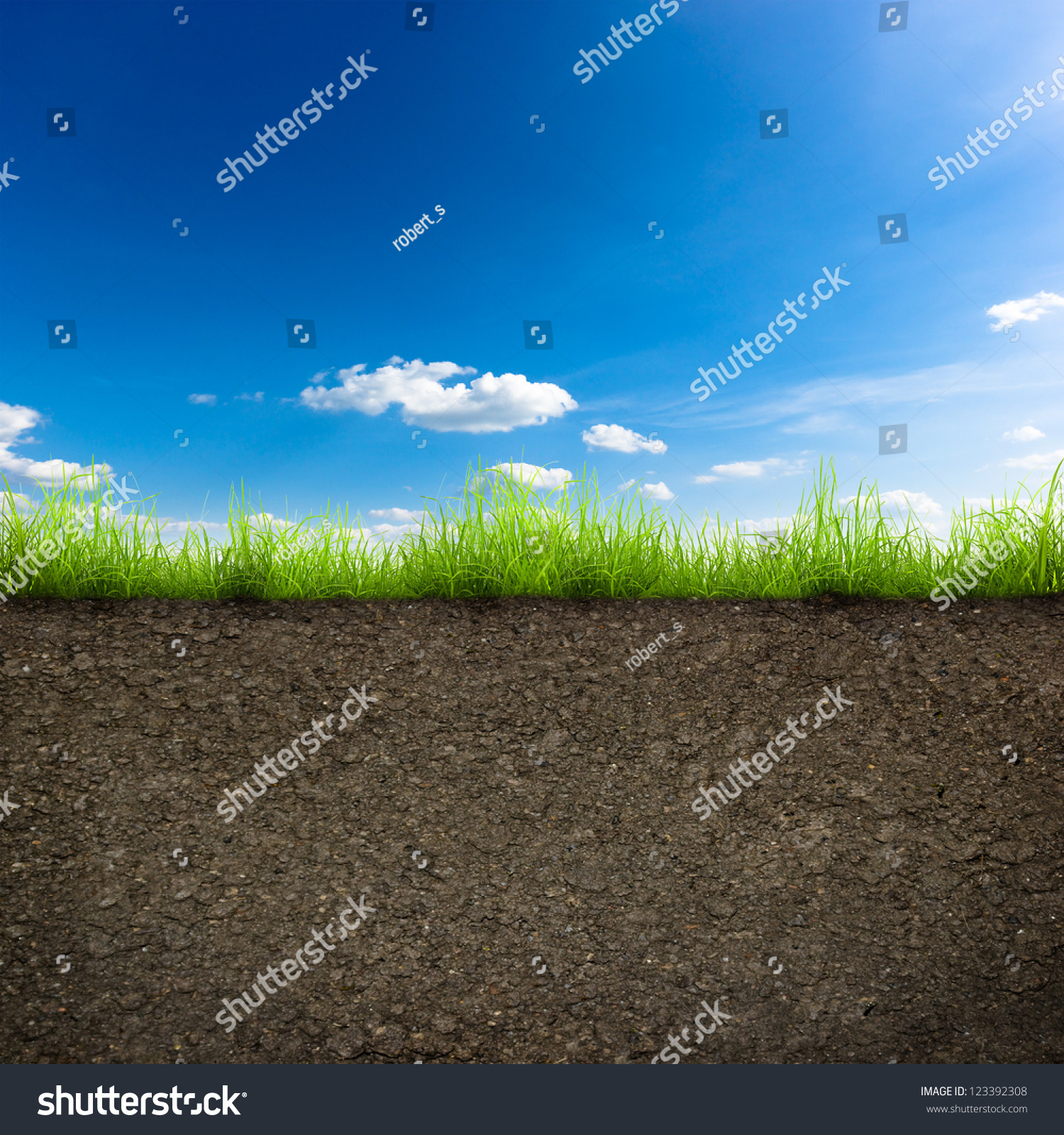 Green Grass With In Soil Over Blue Sky. Environment Background Stock ...