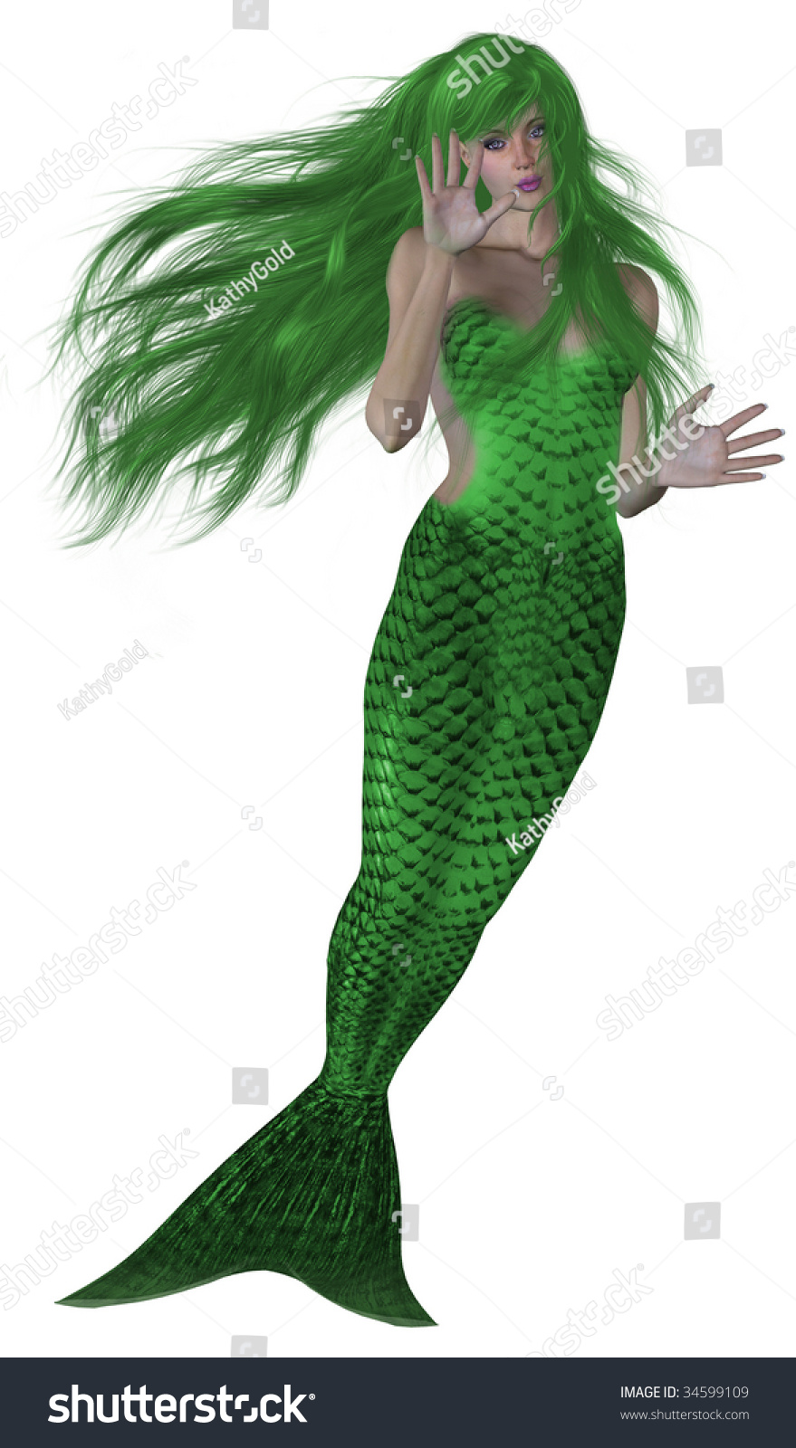 Green Haired And Tailed Mermaid Swimming Stock Photo 34599109 ...