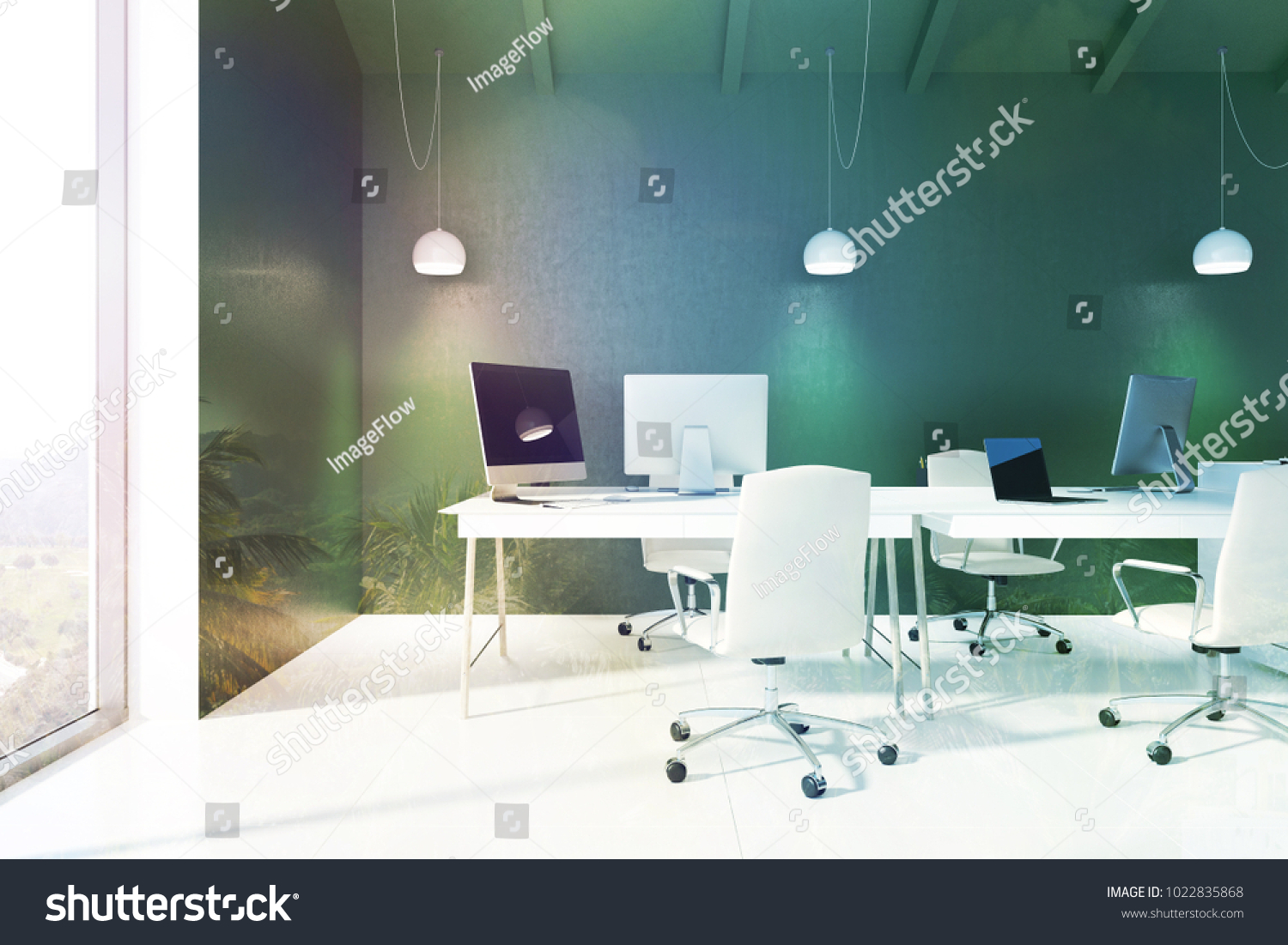 Green Office Interior Loft Window White Stock Illustration
