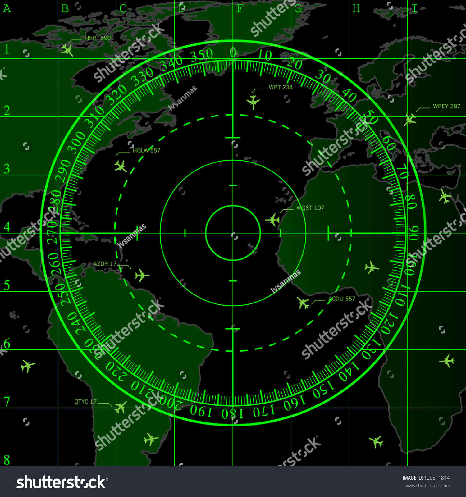 Green Radar Screen Over Square Grid Lines And Highly Detailed Map Of ...