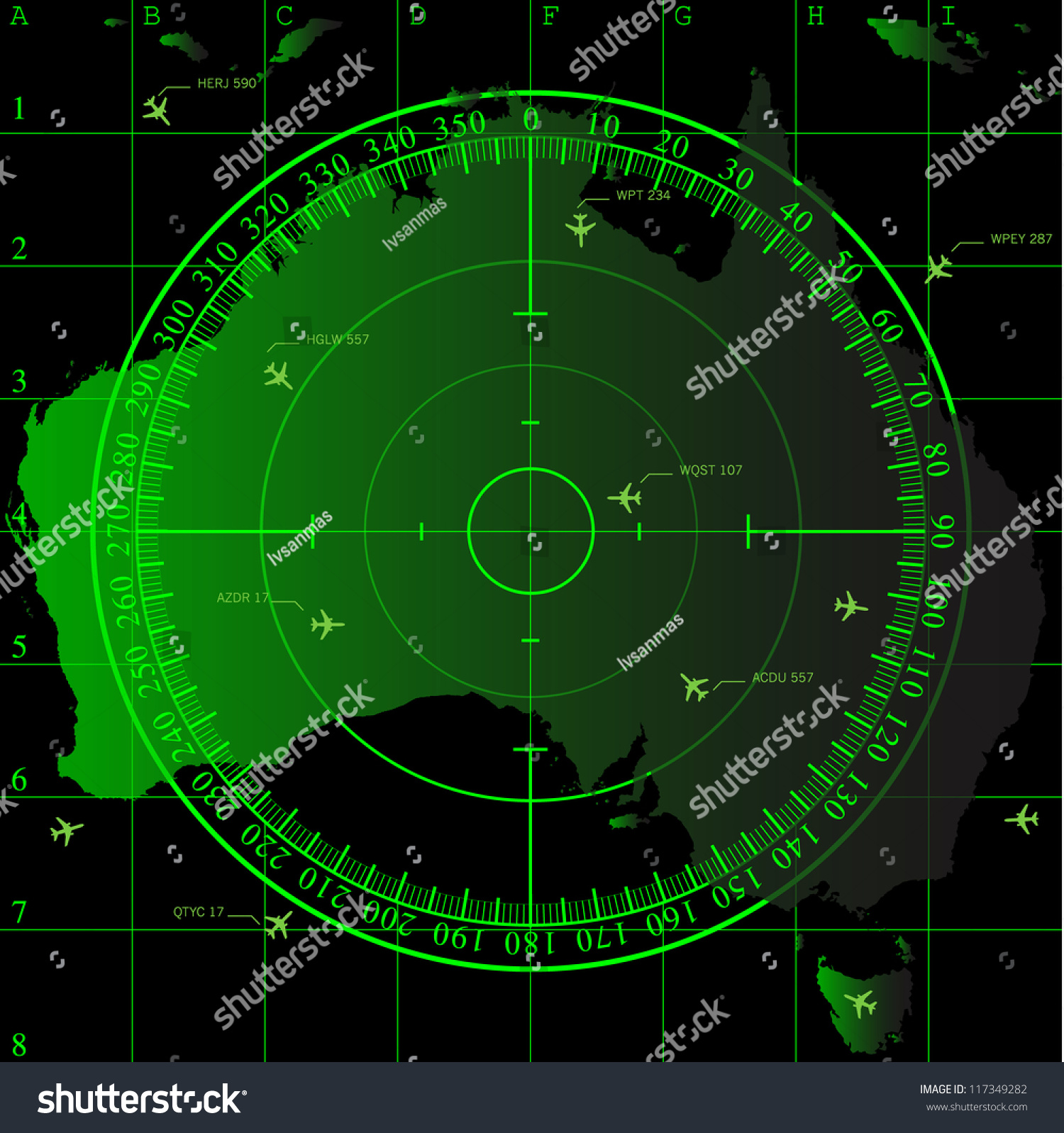 Green Radar Screen Over Square Grid Stock Illustration 117349282