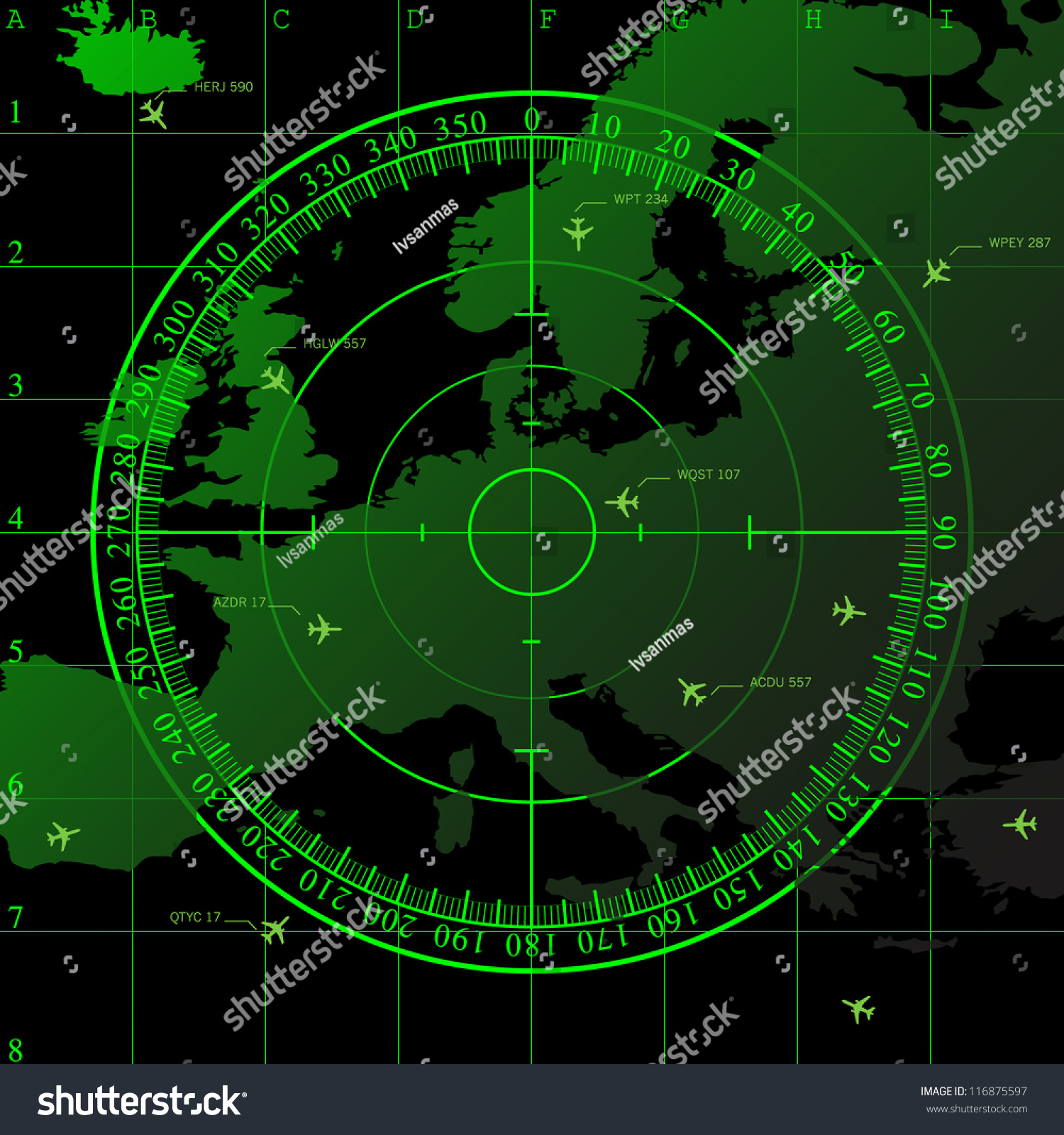 Green Radar Screen Over Square Grid Lines And Map Of Europe Territory ...