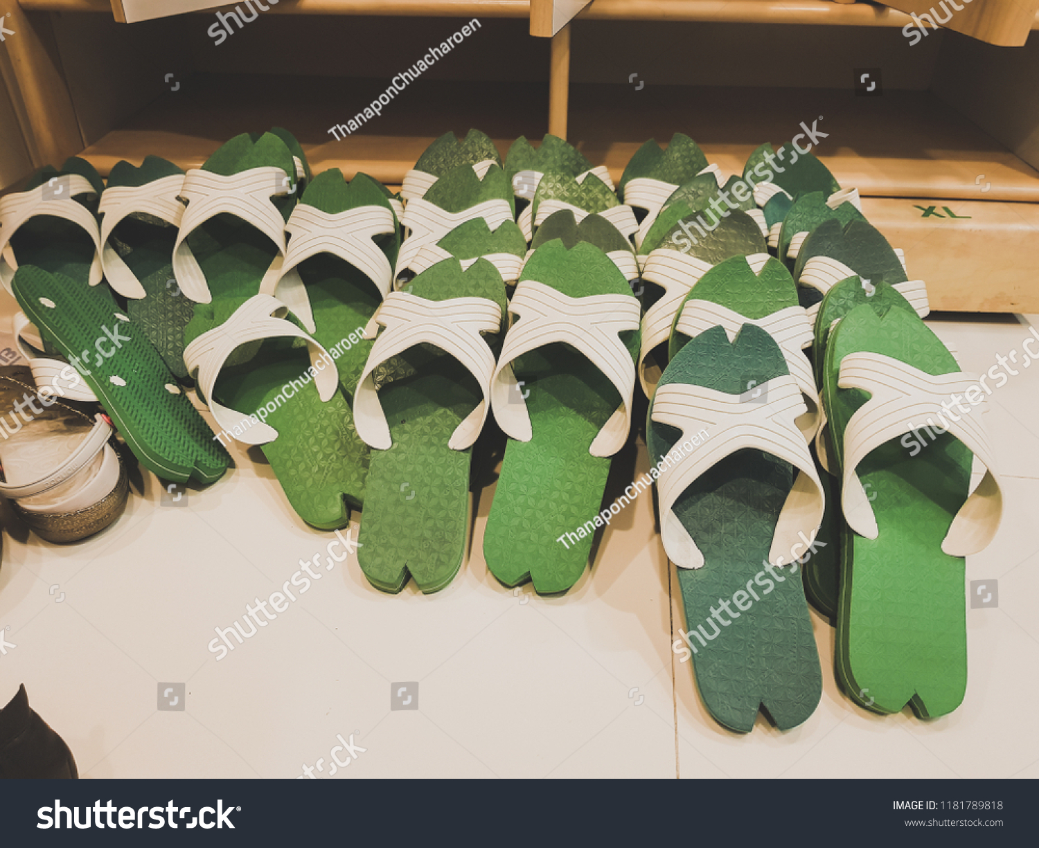 Green Sandals Lined Front Shoe Rack Stock Photo Edit Now 1181789818