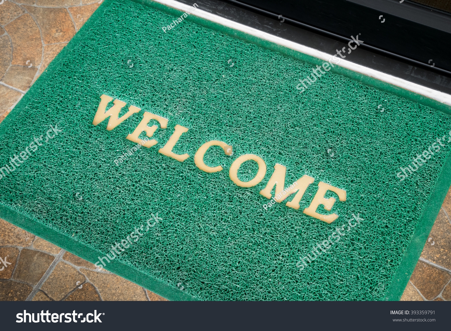 Green Welcome Mat Front Doorstep Plastic Stock Photo Edit