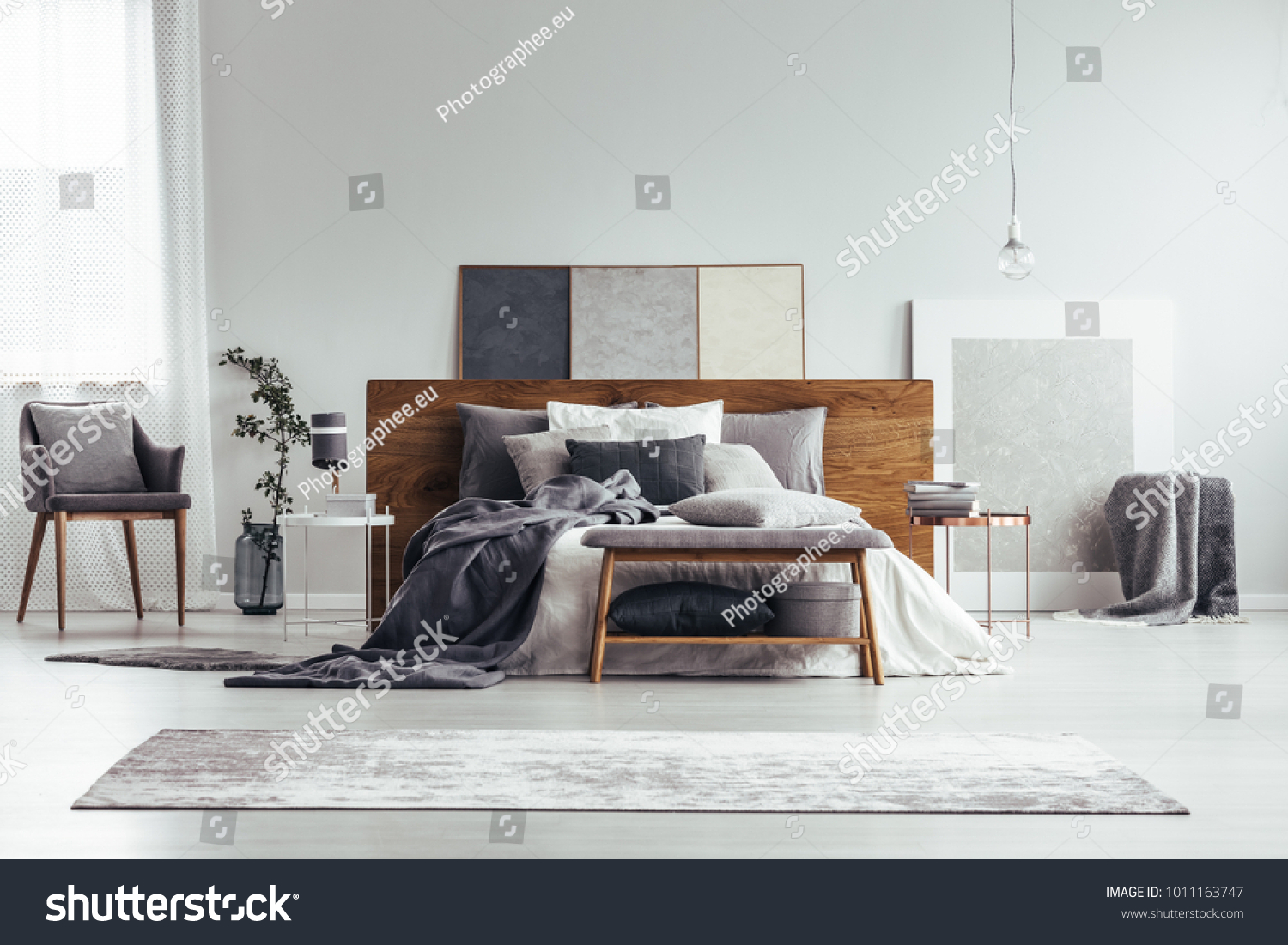 Grey White Bedroom Interior Armchair Carpet Stock Photo