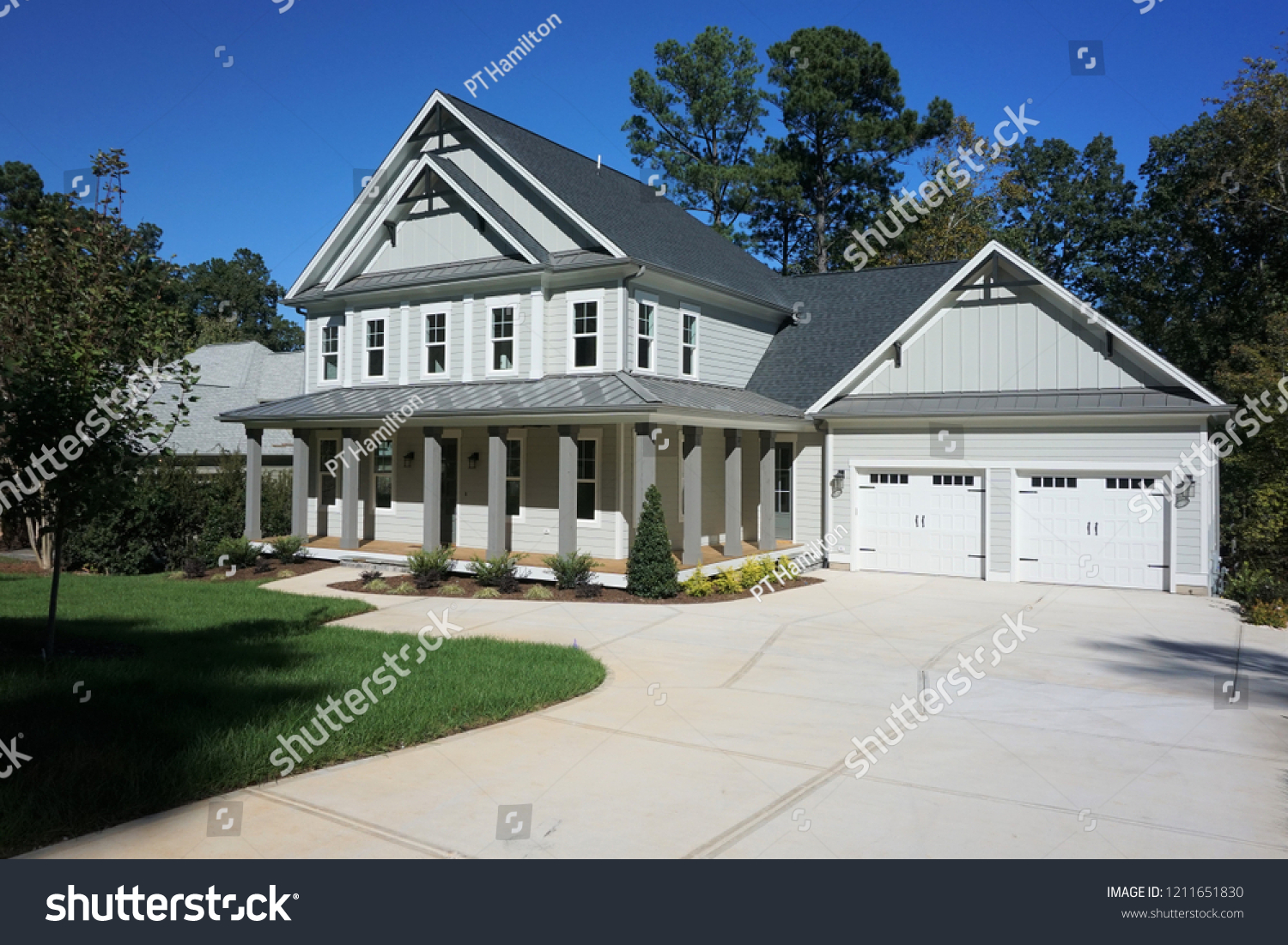 Grey White 2story House Wraparound Porch Stock Photo Edit Now 1211651830