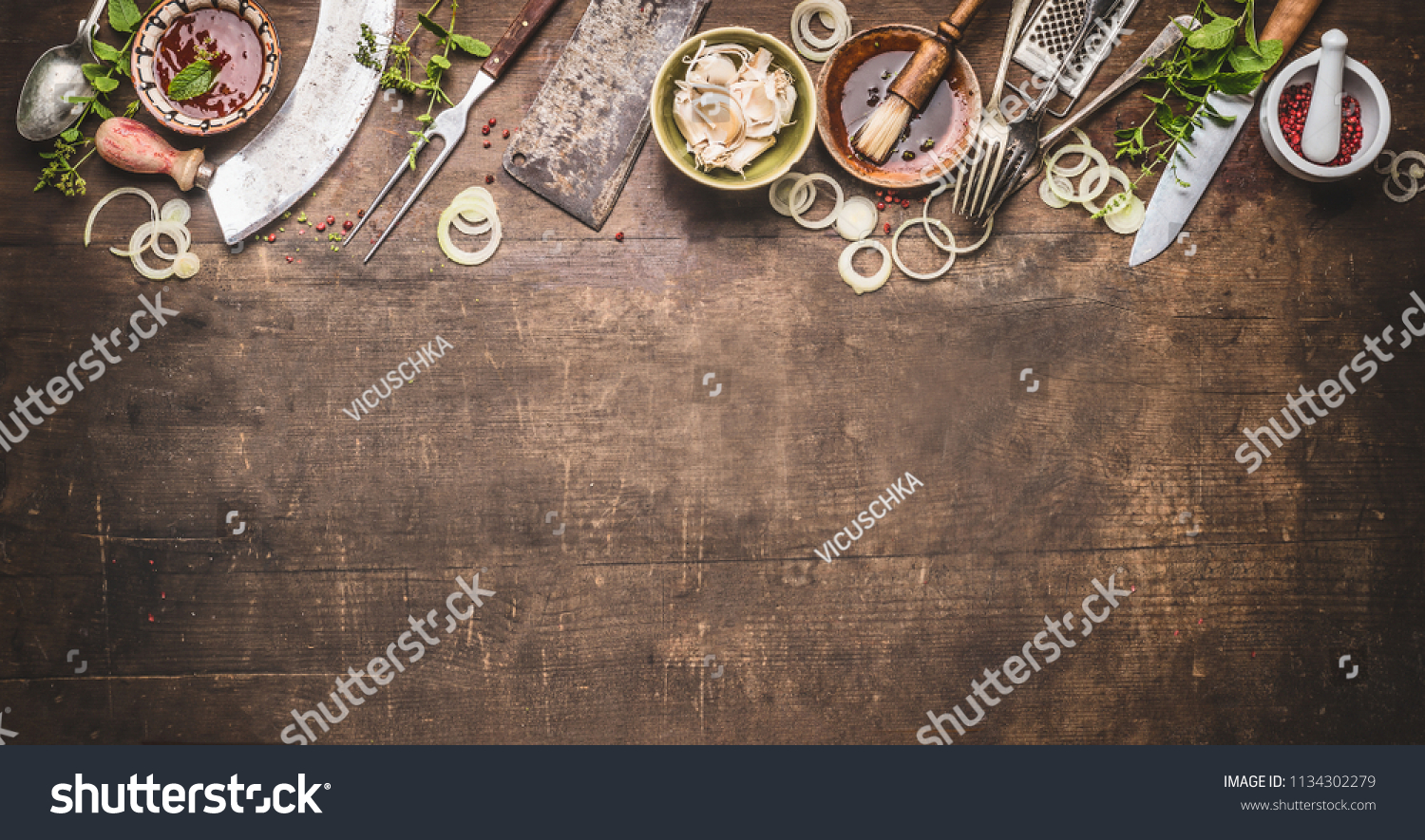 17 877 Butcher Tool Stock Photos Images Photography Shutterstock   Stock Photo Grill Seasoning And Sauces With Vintage Kitchenware Kitchen Utensils Meat Fork And Butcher Cleaver 1134302279 