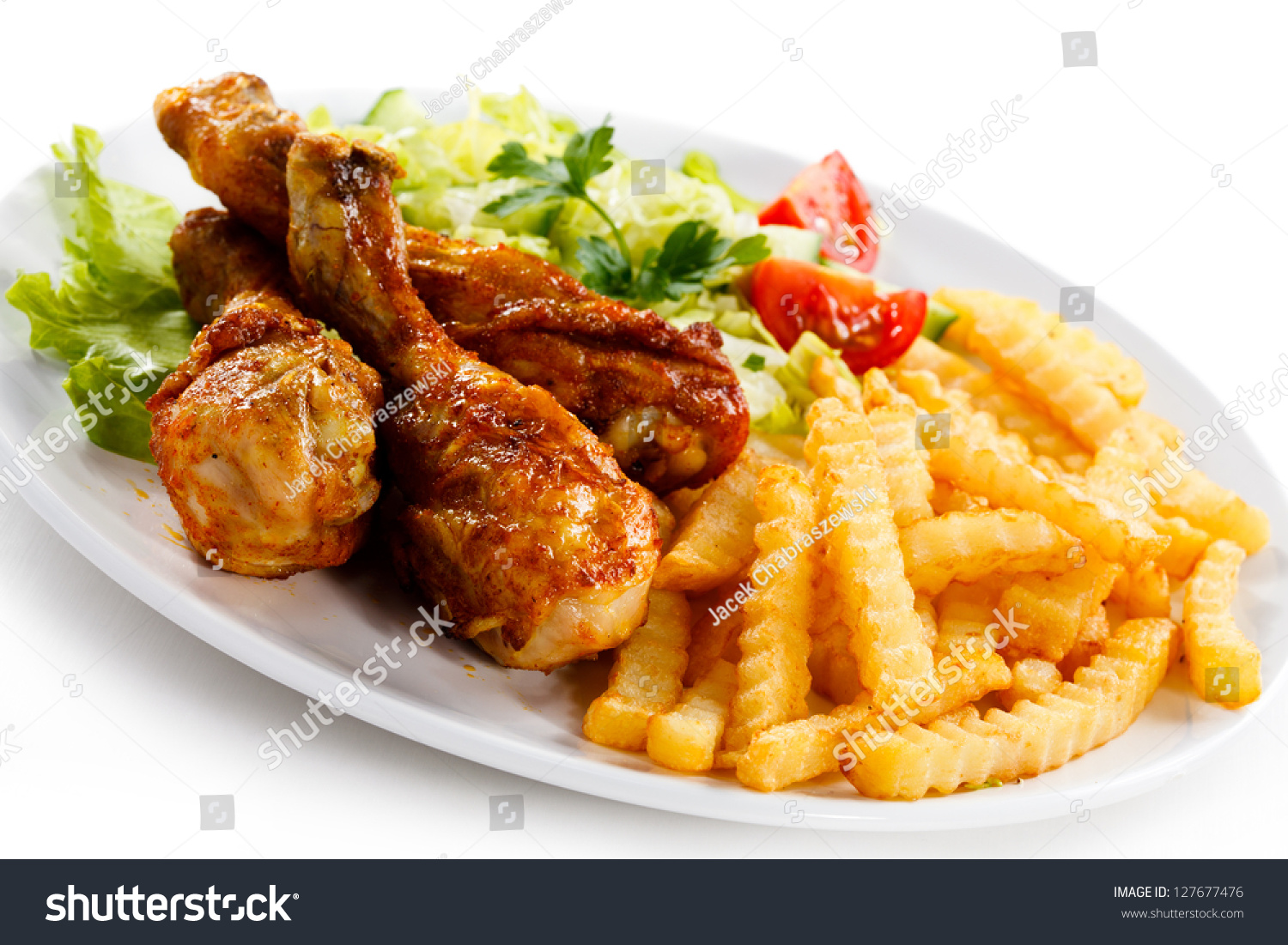 Grilled Chicken Legs Chips Vegetables Stock Photo 127677476 - Shutterstock