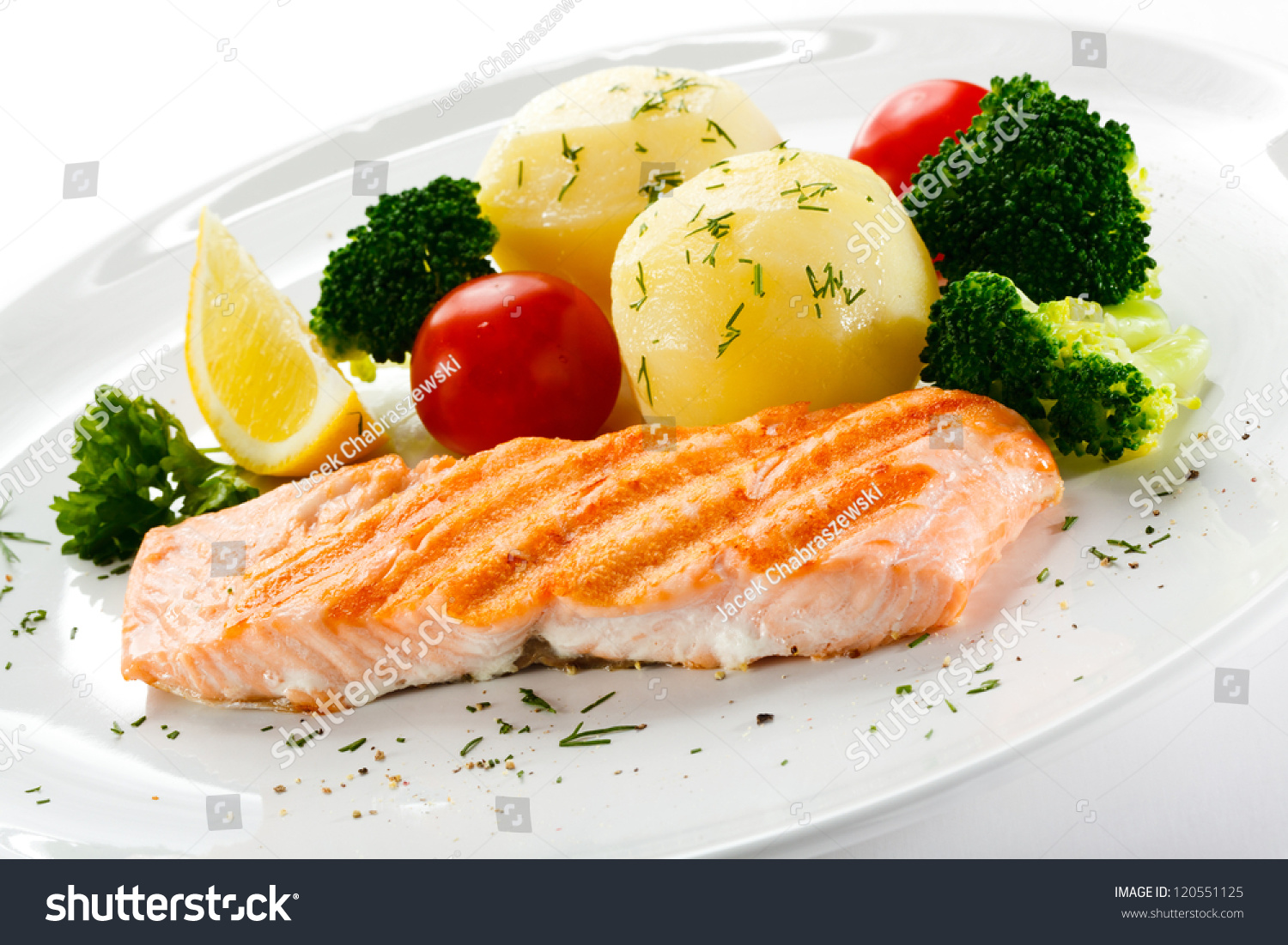 Grilled Salmon Boiled Potatoes Vegetables Stock Photo 120551125 ...
