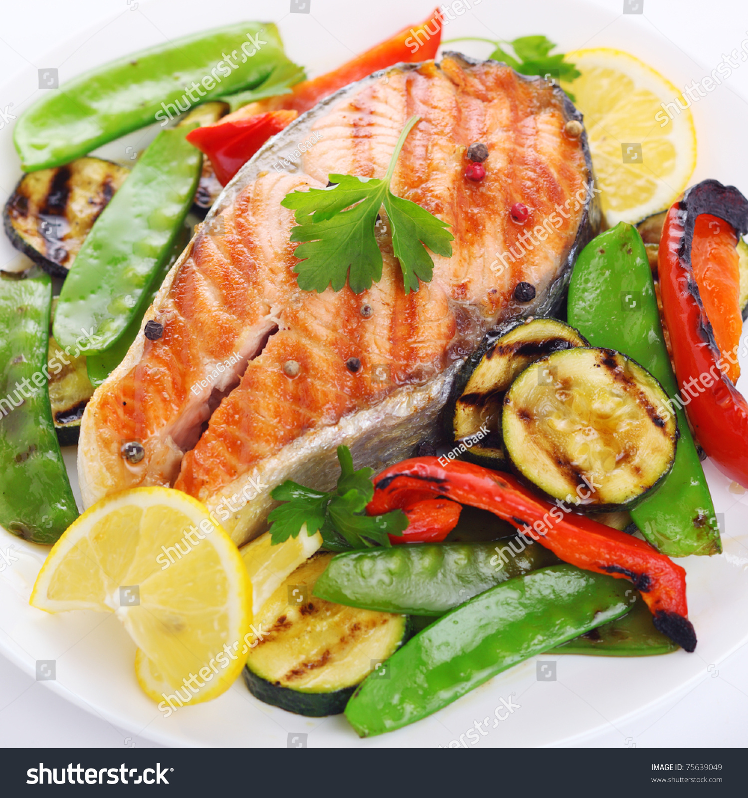 Grilled Salmon Vegetables On White Plate Stock Photo 75639049 ...