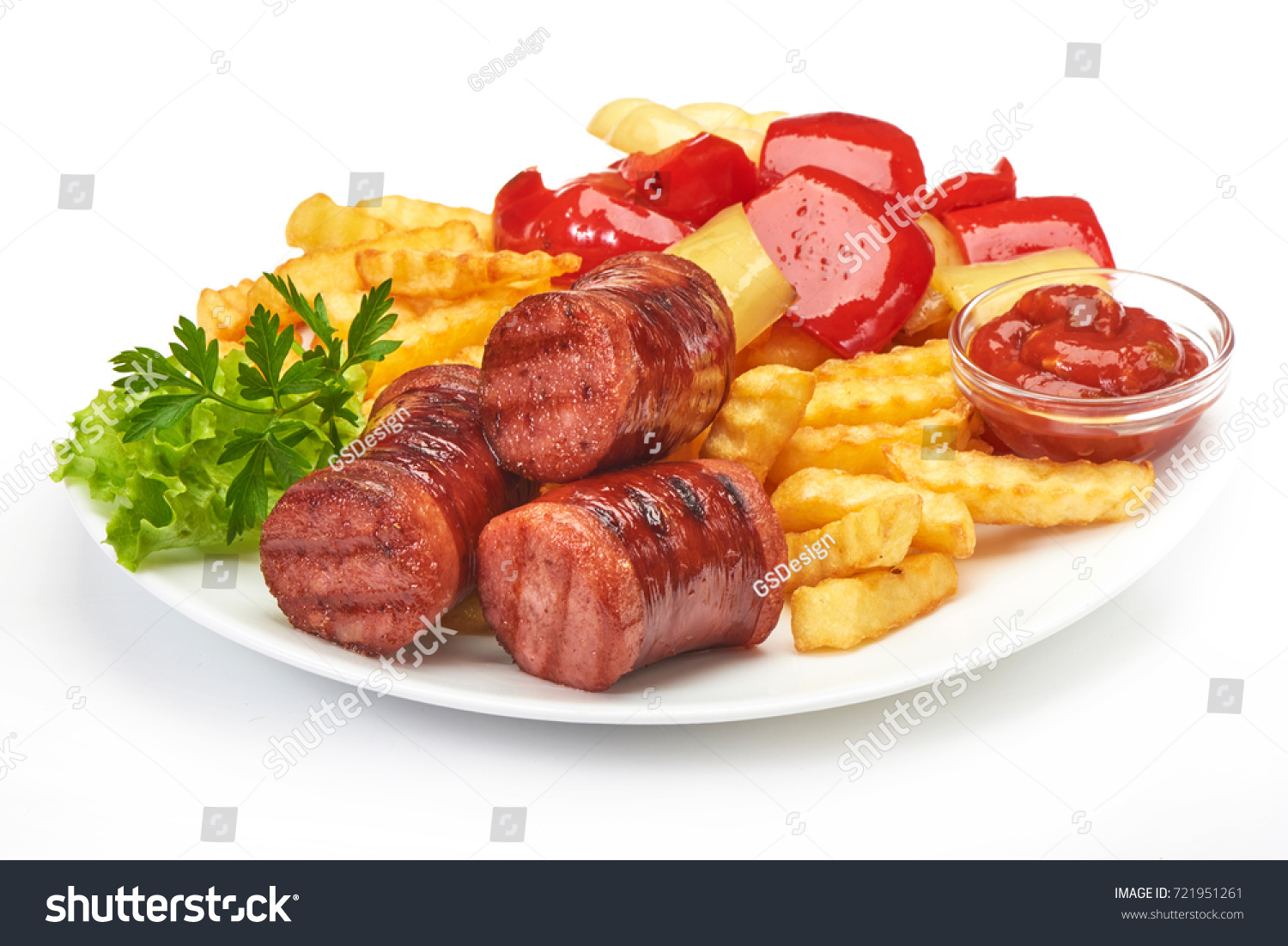 Grilled Sausage Potatoes Fries Bell Peppers Stock Photo Edit Now 721951261