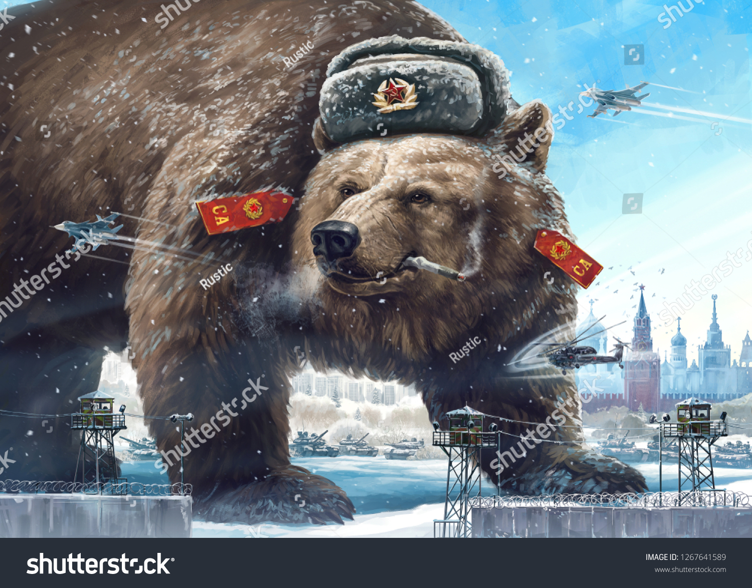 奇怪なキャラクター 兵士の帽子をかぶった恐ろしい熊は 西部の煙と煙を遠ざける ロシアとソ連のコミックな画像 陳腐な宣伝だ のイラスト素材