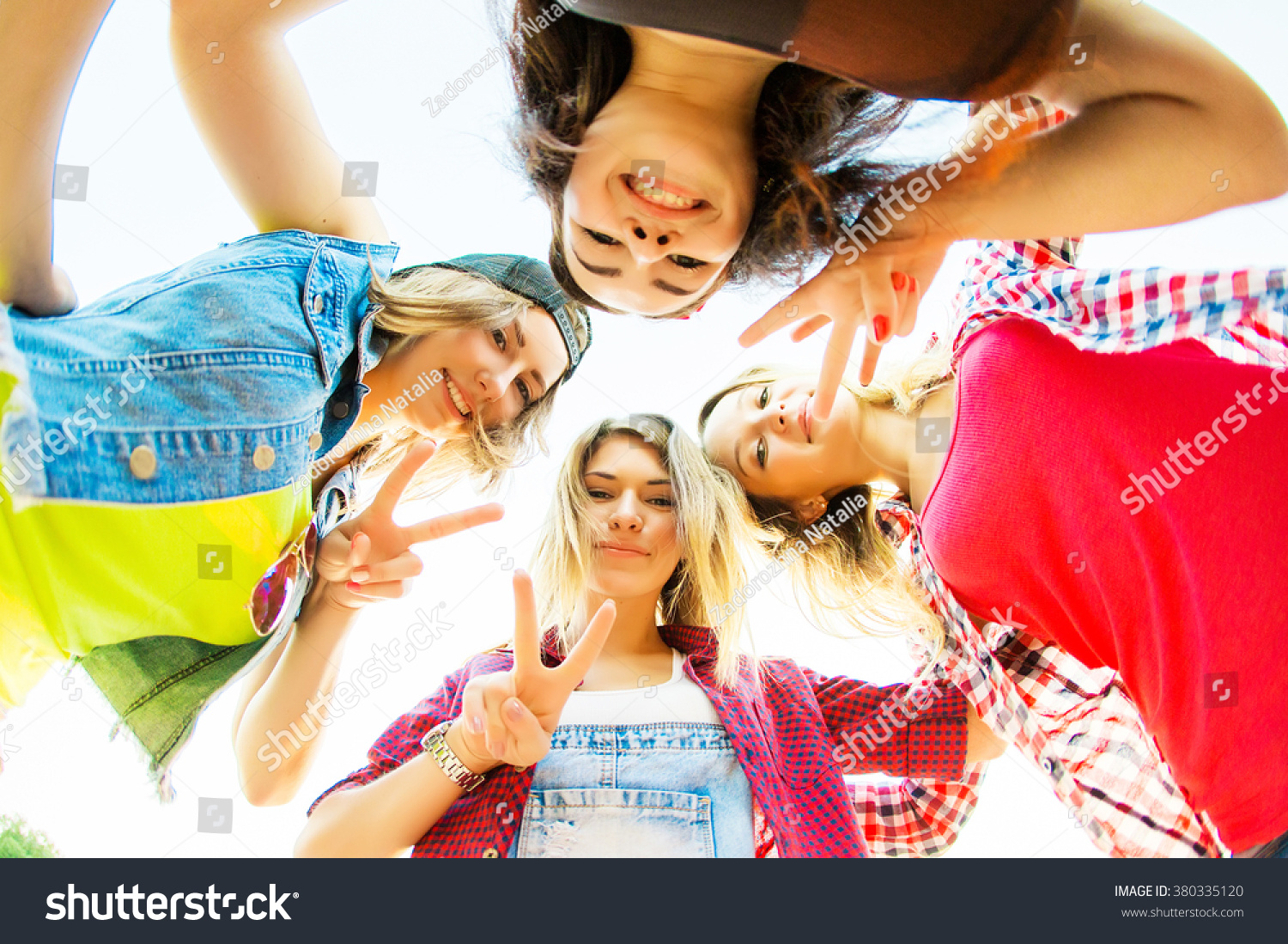 Group Attractive Young Women Hugging Circle Stock Photo 380335120 ...