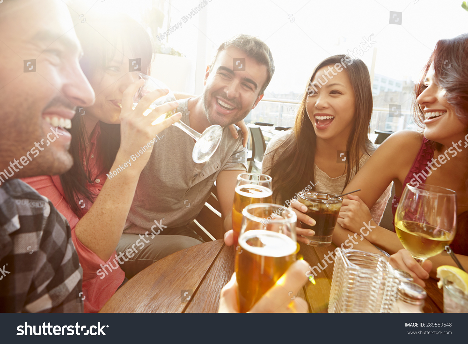 Group Friends Enjoying Drink Outdoor Rooftop Stock Photo 289559648 ...