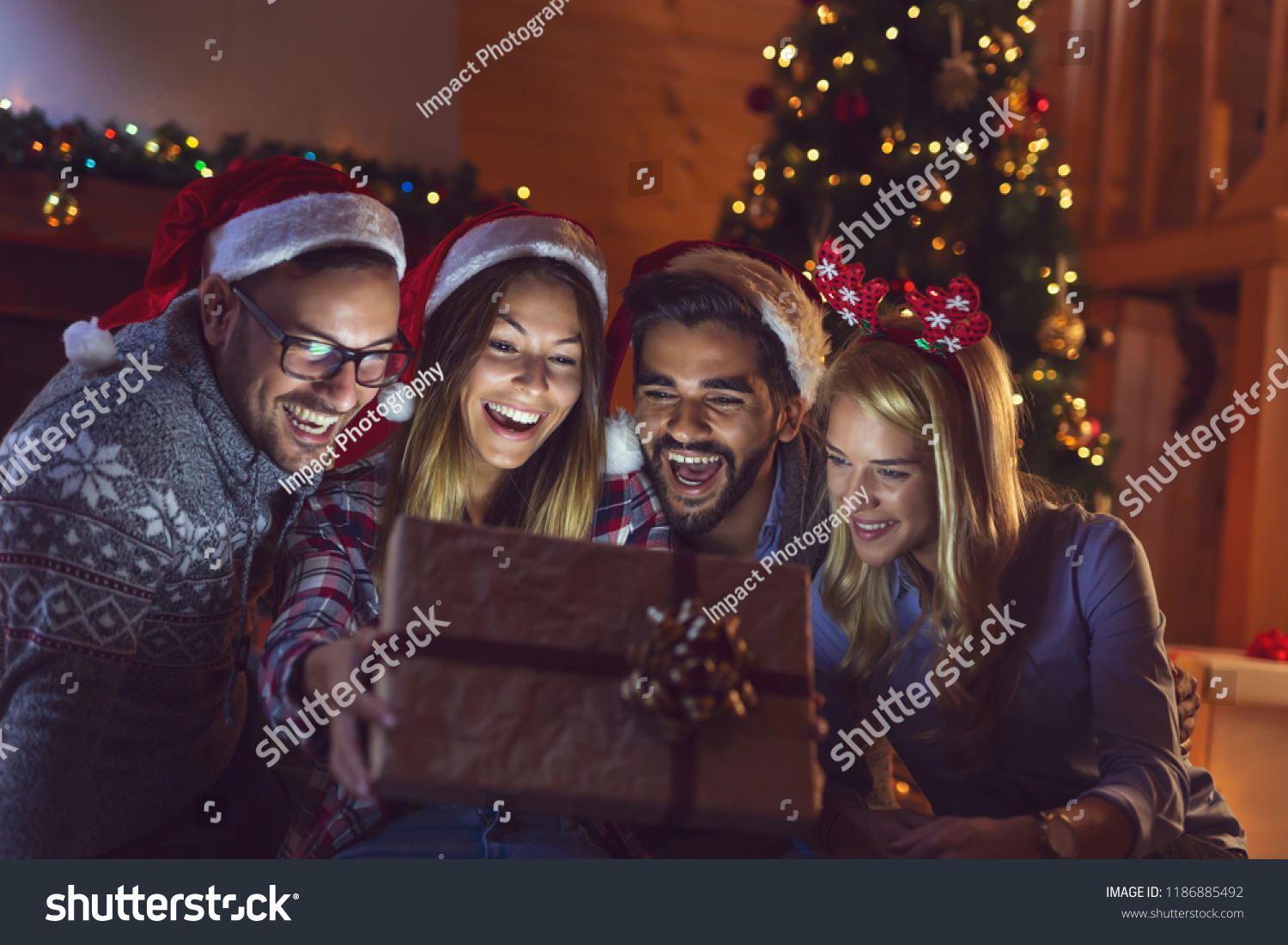 Group Friends Sitting Next Fireplace Nicely Stock Photo Edit Now