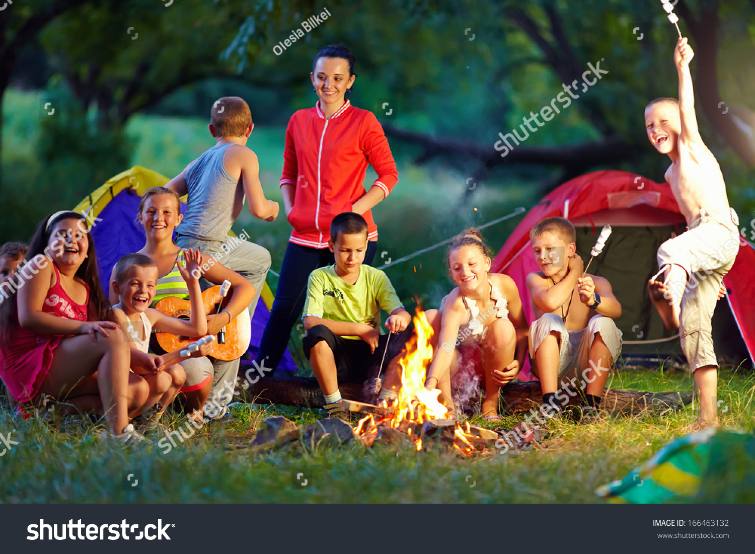 Group Of Happy Kids Roasting Marshmallows On Camp Fire Stock Photo ...