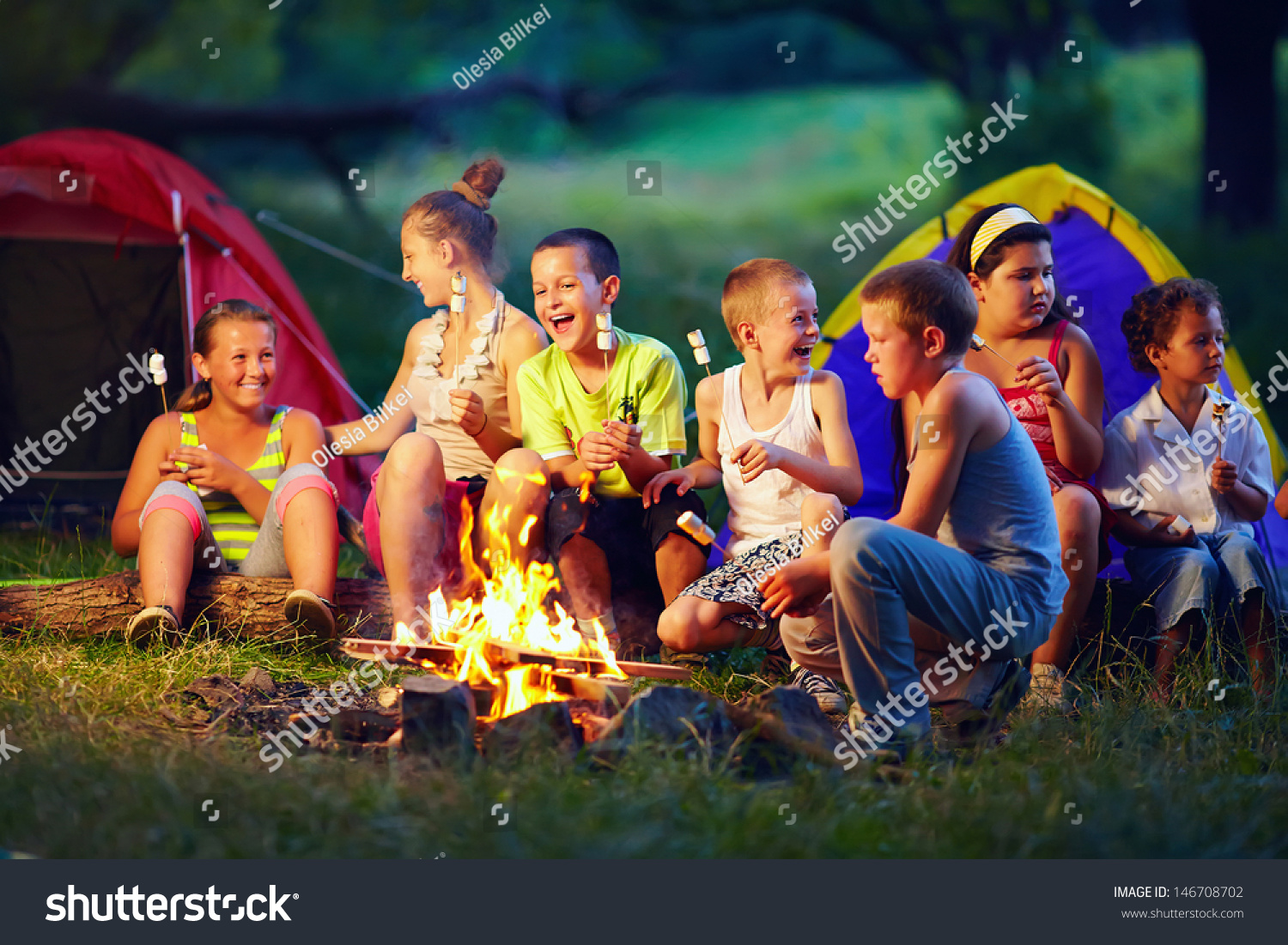 Group Of Happy Kids Roasting Marshmallows On Campfire Stock Photo ...