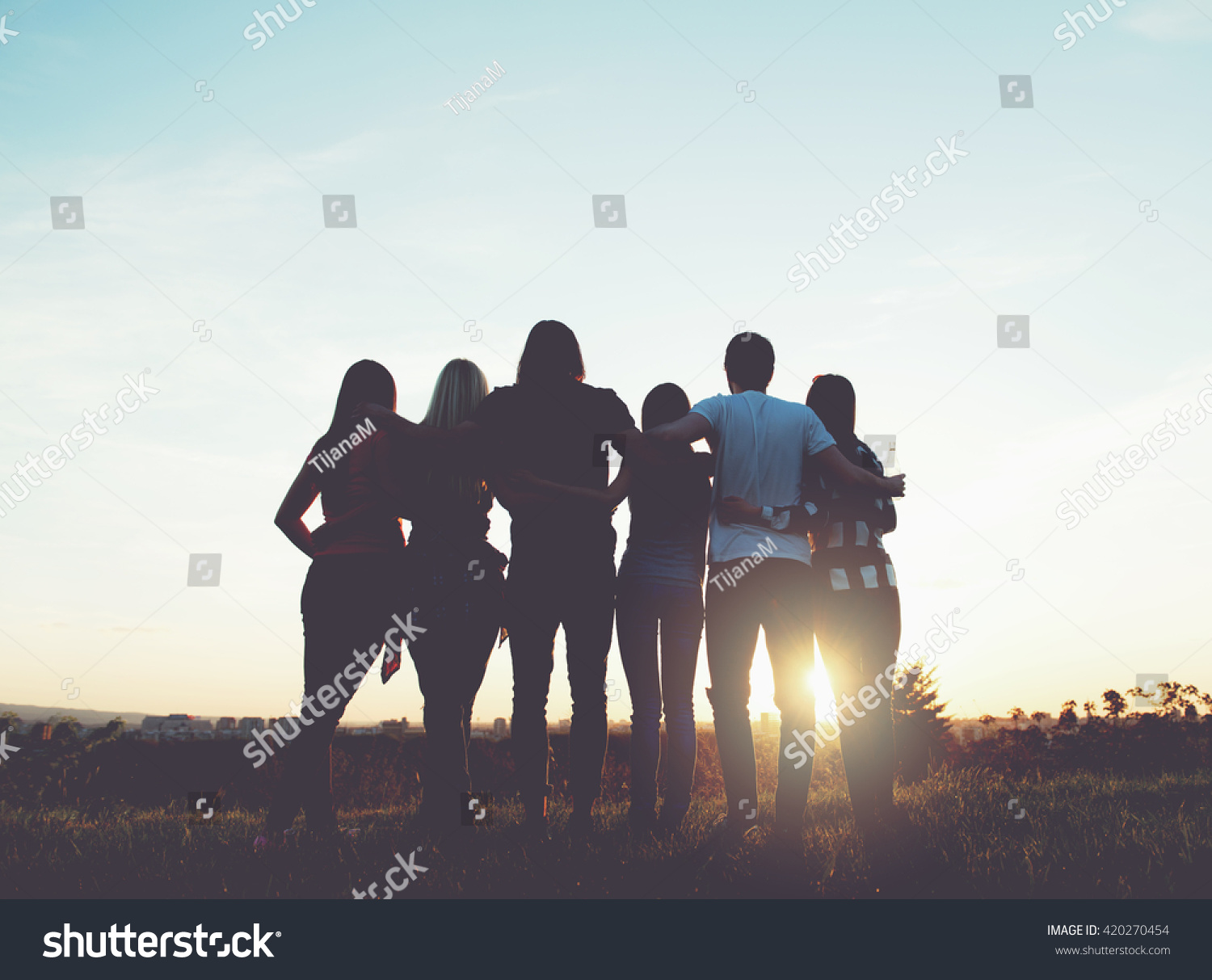 Group Of People Having Fun Outdoors; Sunset Stock Photo 420270454 ...