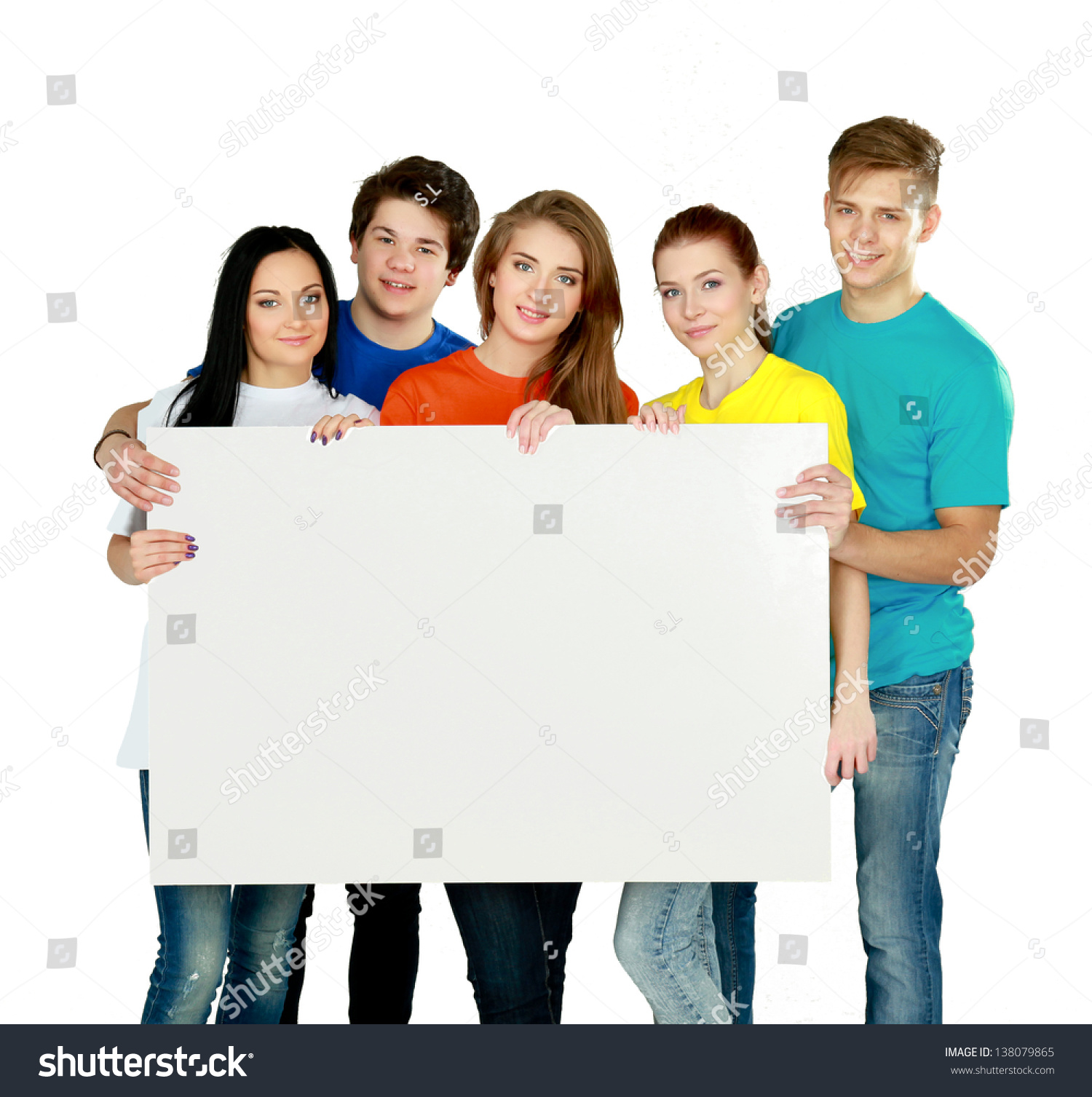 Group Of Young Friends Holding A Blank Board, Isolated On White ...