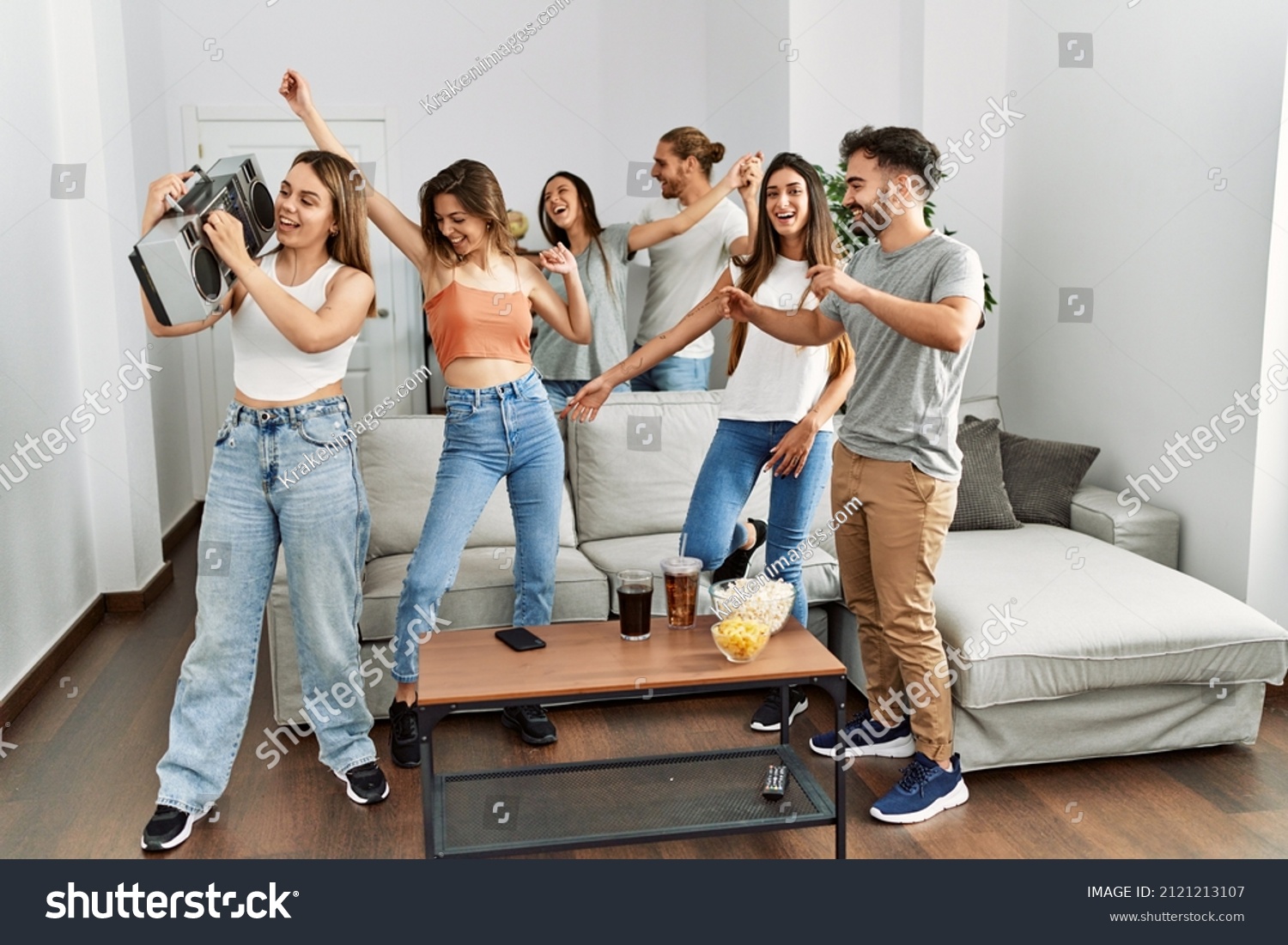 Group Young Friends Smiling Happy Dancing Stock Photo 2121213107 ...