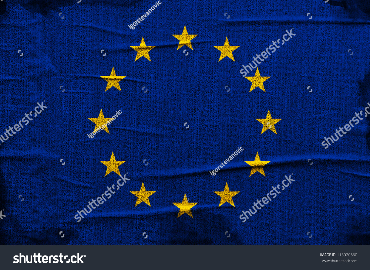 Grunge Blue European Union Flag With Yellow Stars Overlaying A Grungy ...