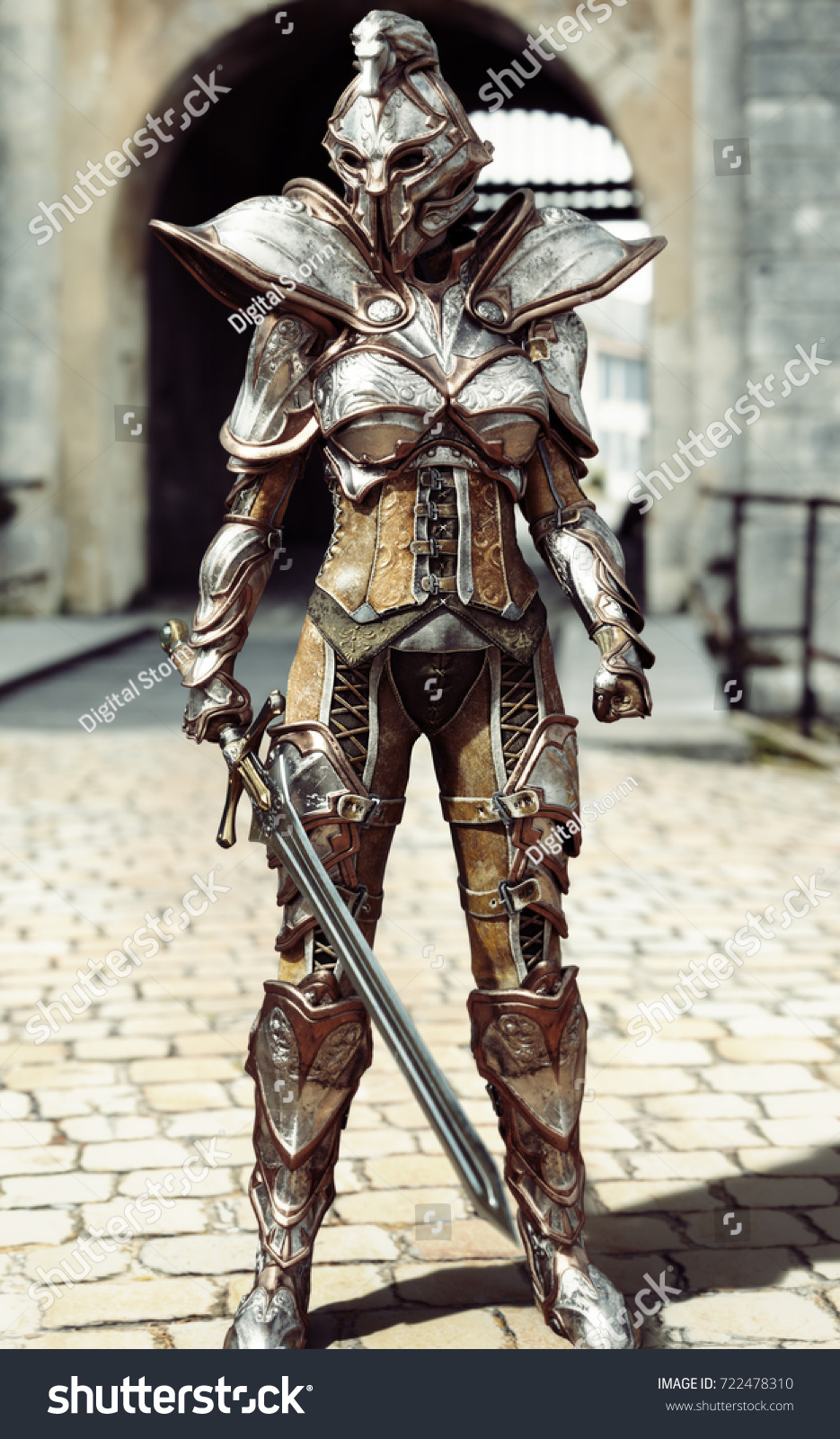 門の守護者 全装甲騎士立番の女性 3dレンダリング のイラスト素材
