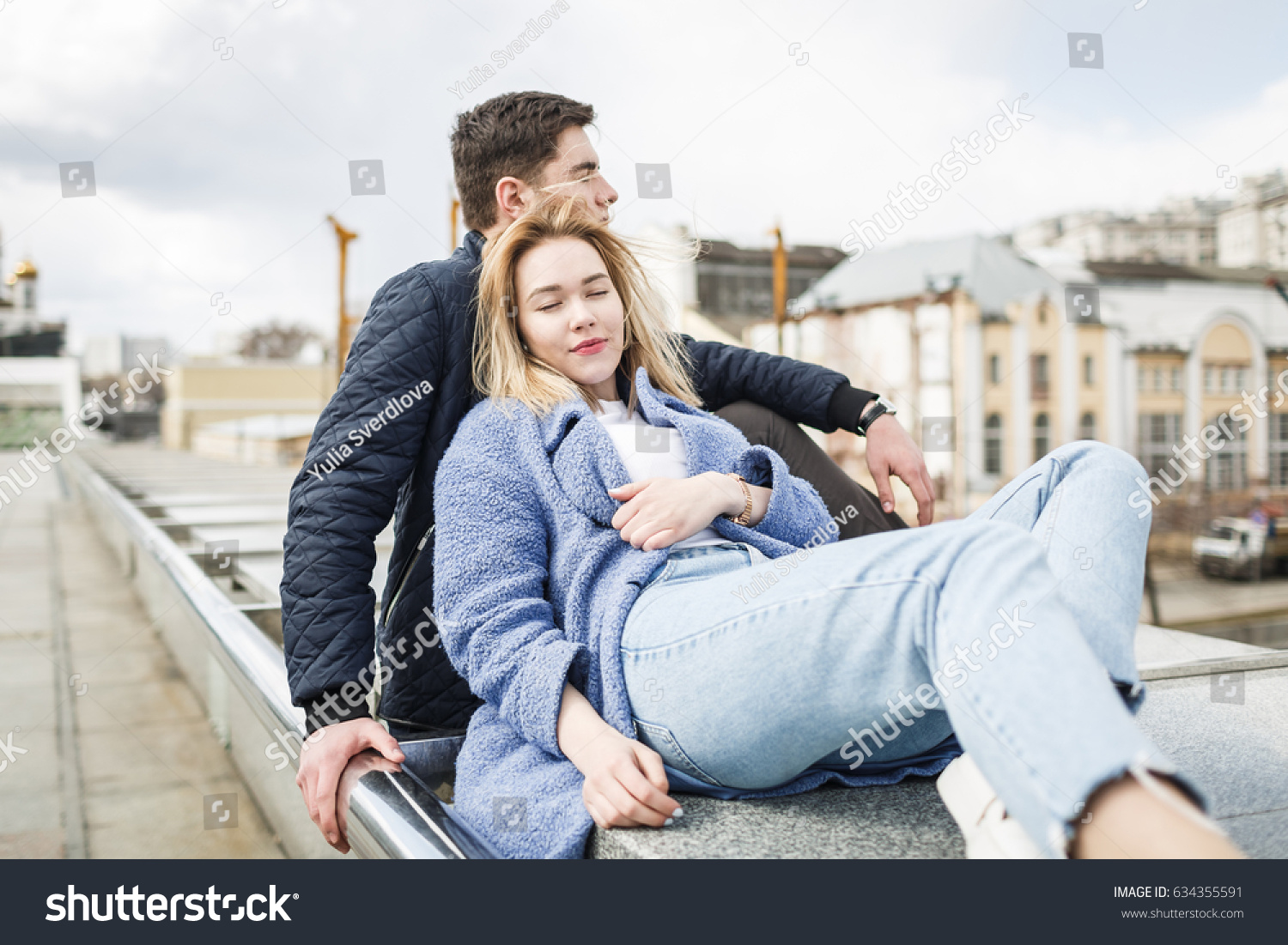 Guy Girl Sit On Bridge Stock Photo 634355591 | Shutterstock