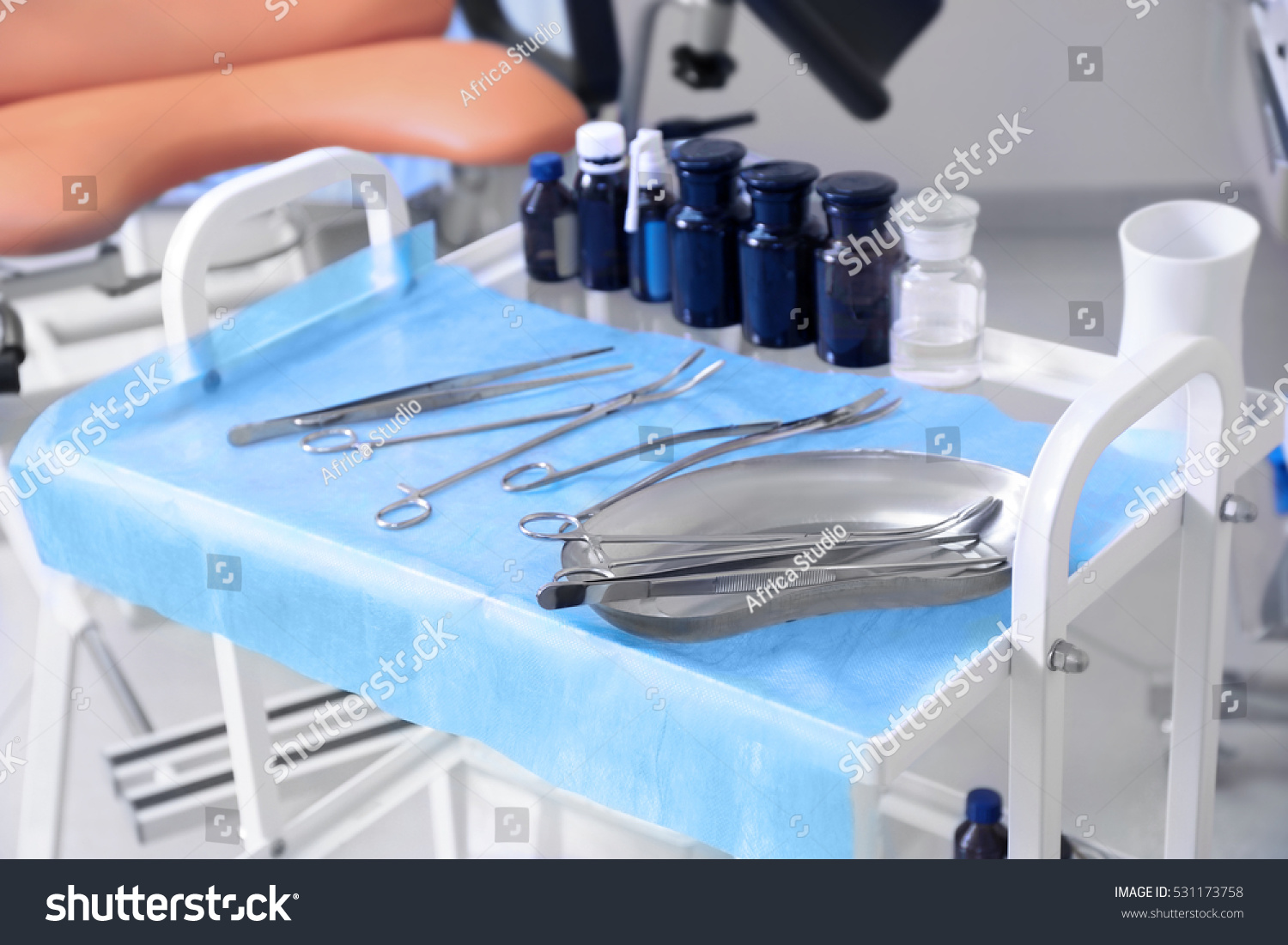 Gynecological Tools On Doctor'S Table In Clinic Stock Photo 531173758