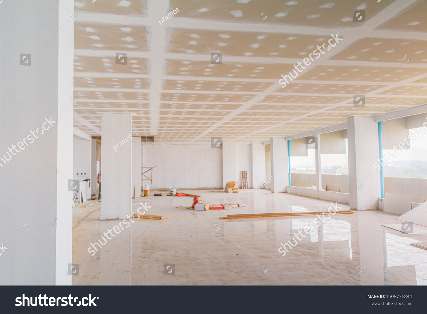 Gypsum Board Ceiling Structure Plaster Mortar Stock Photo