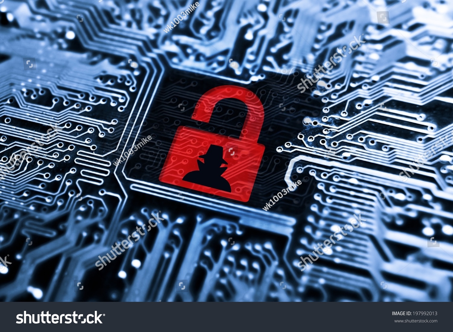 hacked symbol on computer circuit board stock photo (edit nowhacked symbol on computer circuit board with open red padlock