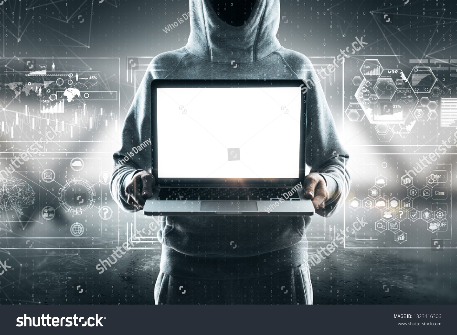 Download Hacker Holding Empty Laptop On Abstract Stock Photo Edit Now 1323416306