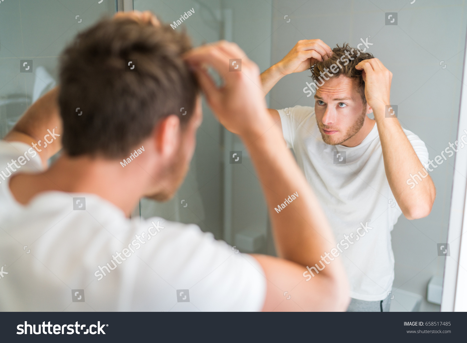 Hair Loss Man Looking Bathroom Mirror Stock Photo Edit Now 658517485