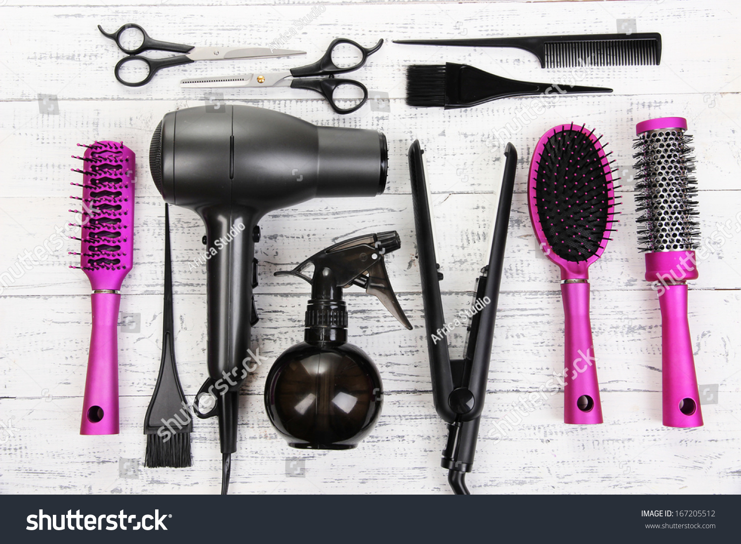 Hairdressing Tools On White Wooden Table Close-Up Stock Photo 167205512 ...