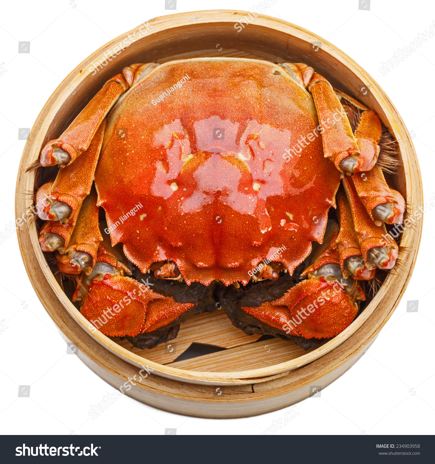 Hairy Crabs In Bamboo Steamer Isolated On White Background Stock Photo ...