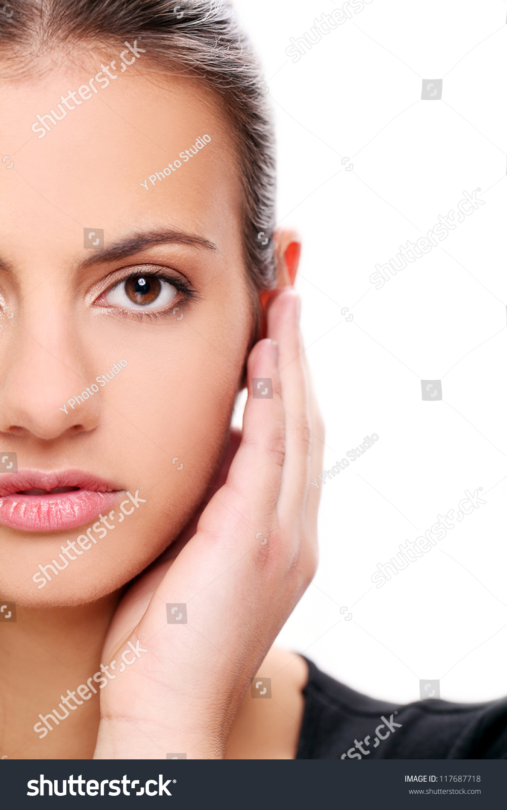 Half Shot Of Beautiful Woman Face On A White Background Stock Photo ...