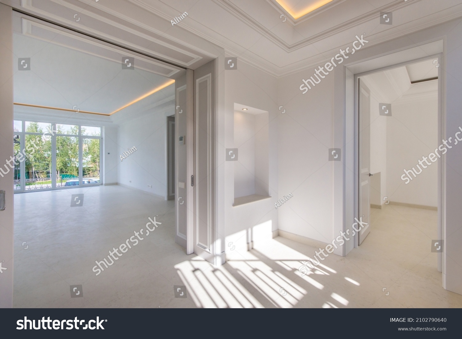 Hall Light Walls High Ceiling Entrance Stock Photo 2102790640   Stock Photo Hall With Light Walls High Ceiling And Entrance To The Living Room With A Large Window New Modern 2102790640 