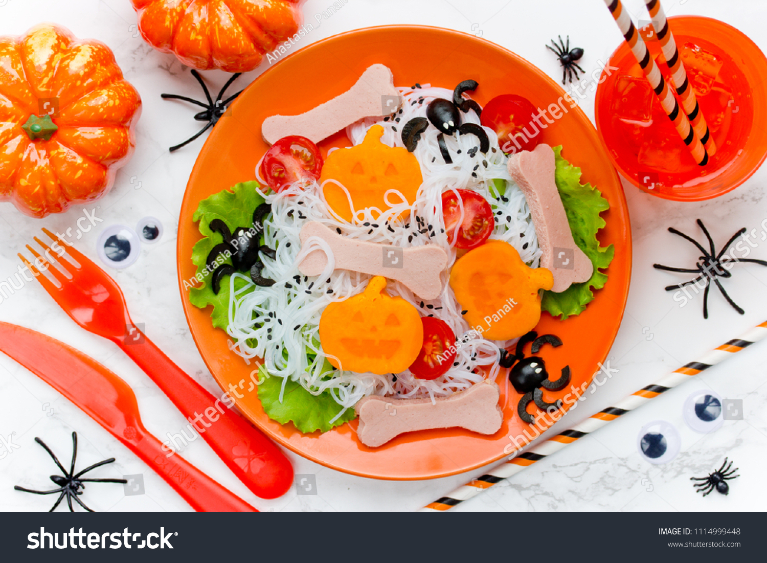 Halloween Lunch Children Pasta Olive Spiders Stock Photo Edit Now 1114999448