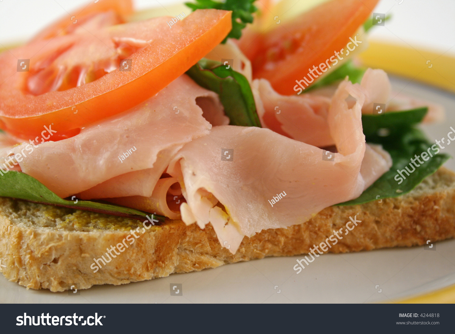 Ham, Lettuce, Tomato And Cheese Open Sandwich On Wholemeal Bread. Stock ...