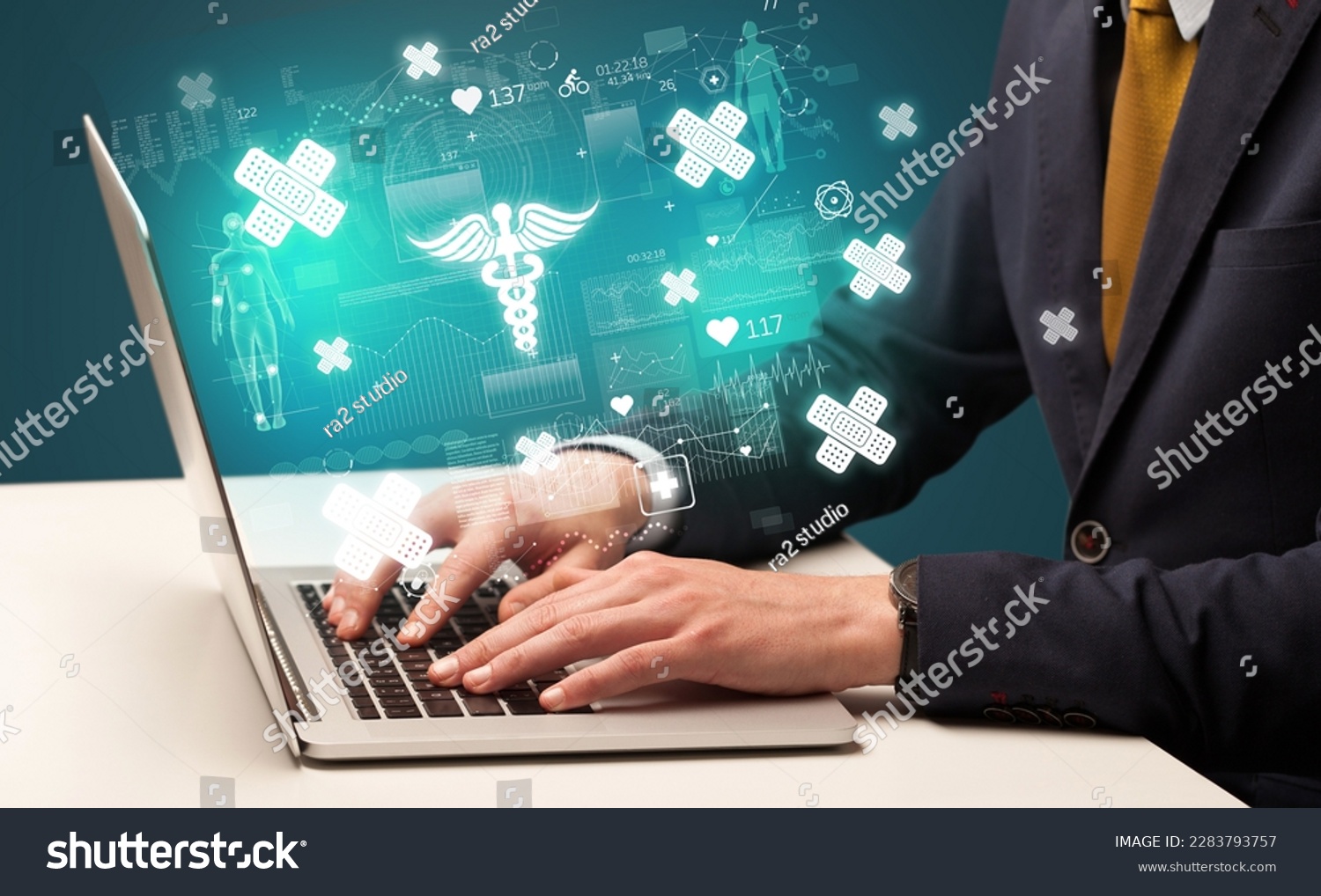  Teal Classic  Template Design Featuring Hand Browsing on the Internet for Medical Issues