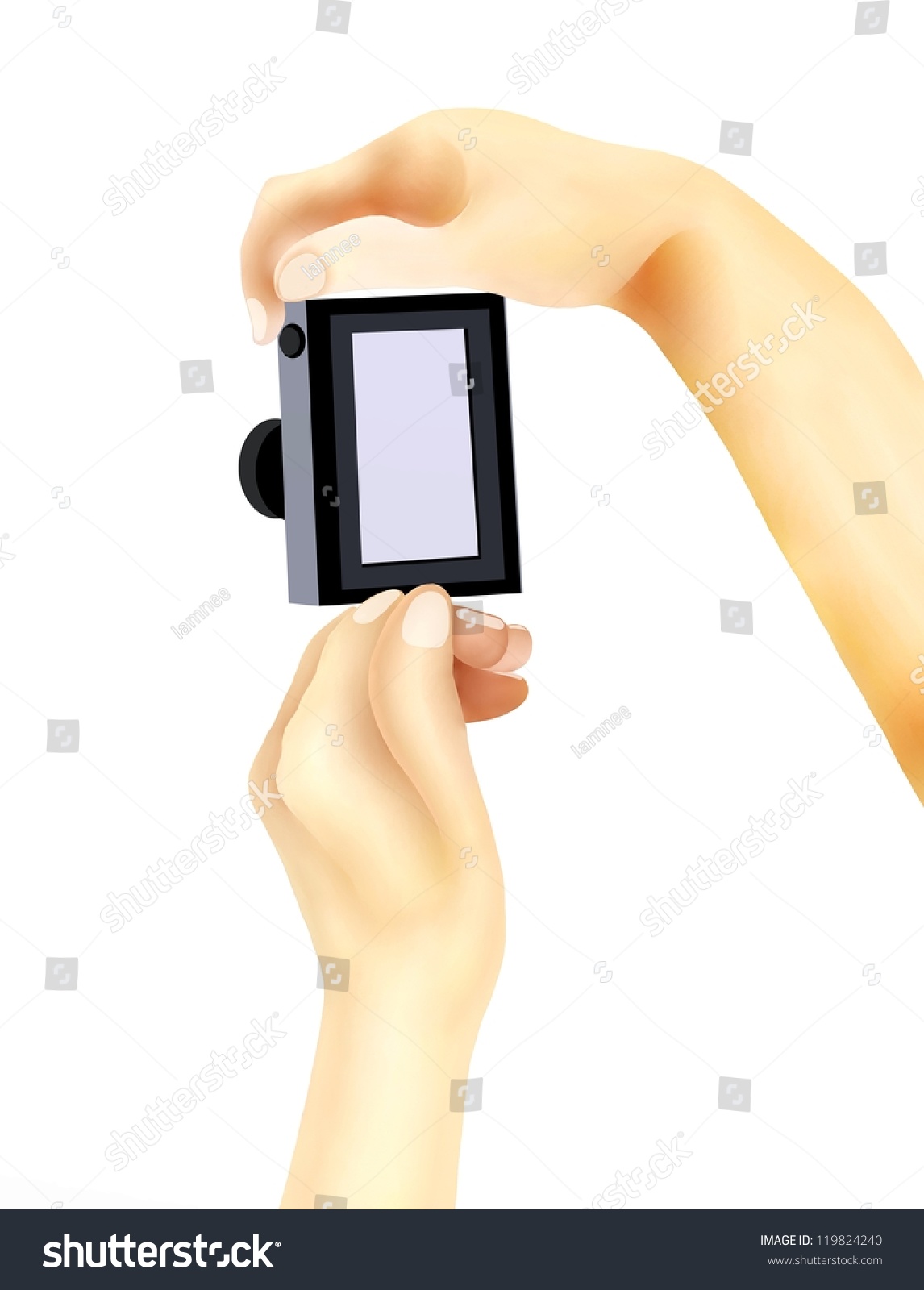 Hand Drawing, Hands Holding A Compact Digital Camera With The White ...