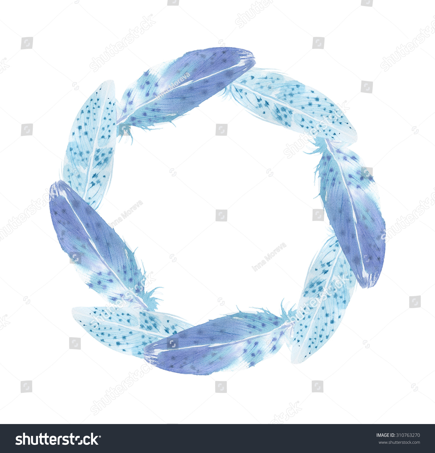 Hand Drawn Blue Watercolor Feathers Wreath Stock Illustration 310763270